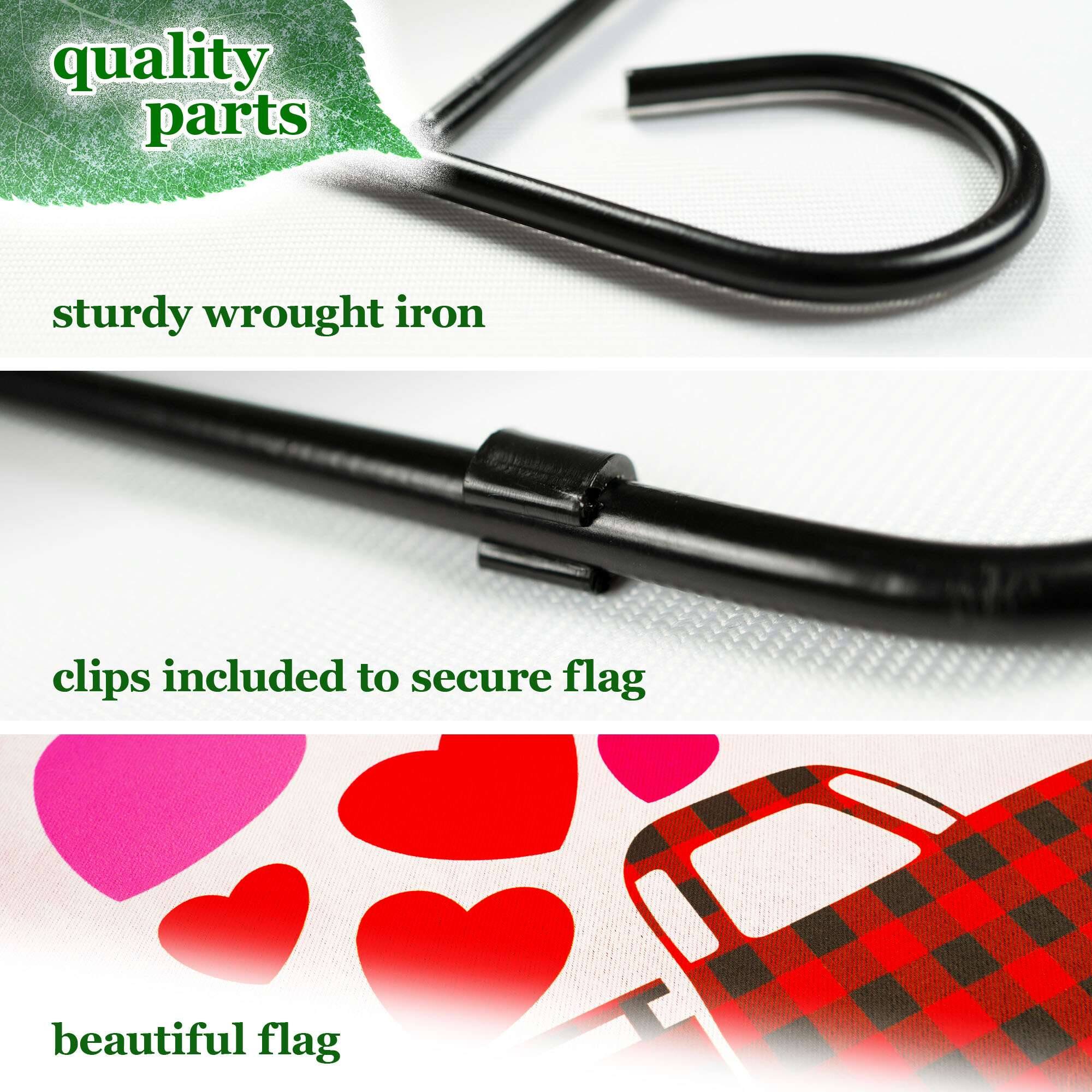 quality parts  
sturdy wrought iron  
clips included to secure flag  
beautiful flag