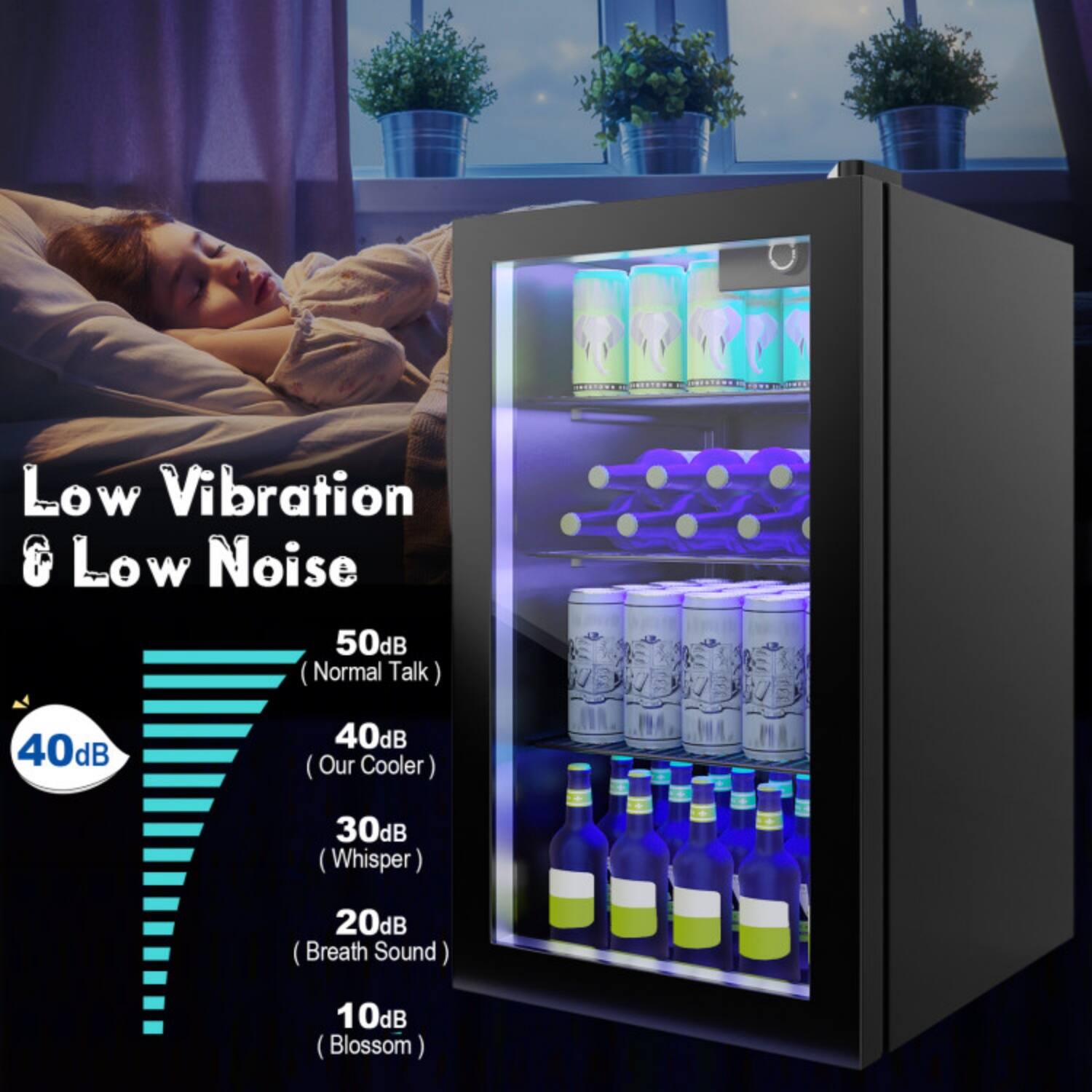 Low Vibration & Low Noise  
50dB (Normal Talk)  
40dB (Our Cooler)  
30dB (Whisper)  
20dB (Breath Sound)  
10dB (Blossom)