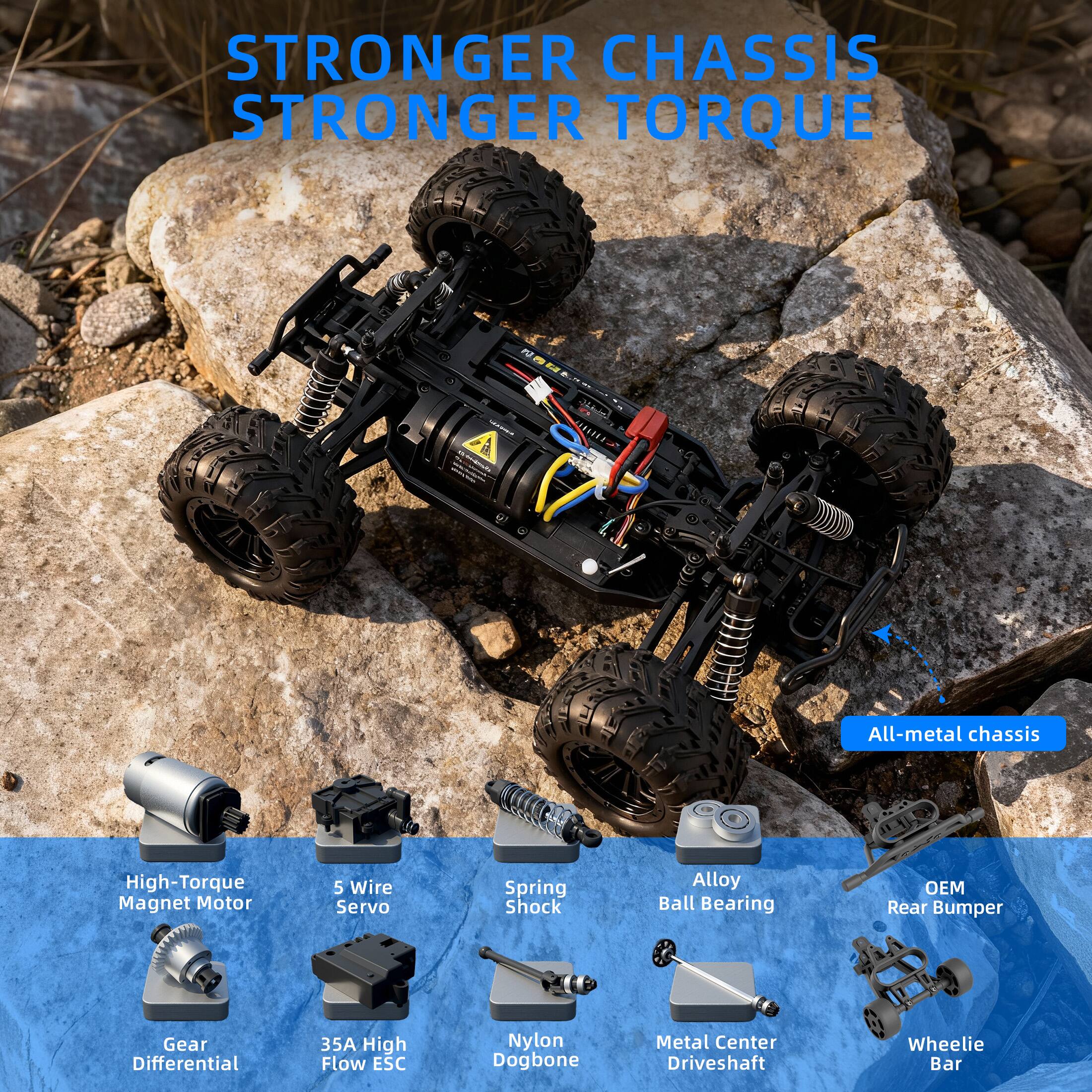 STRONGER CHASSIS  
STRONGER TORQUE  

All-metal chassis  

High-Torque Magnet Motor  
5 Wire Servo  
Spring Shock  
Alloy Ball Bearing  
OEM Rear Bumper  
Gear Differential  
35A High Flow ESC  
Nylon Dogbone  
Metal Center Driveshaft  
Wheelie Bar