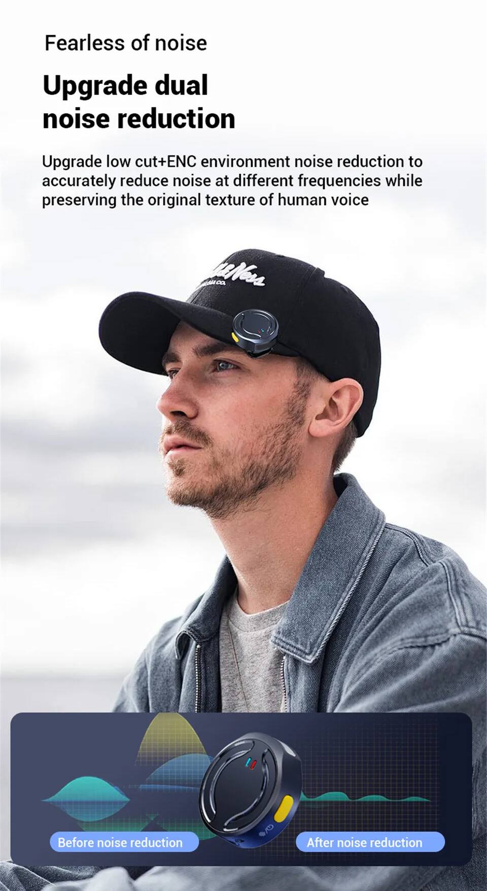 Fearless of noise  
Upgrade dual noise reduction  

Upgrade low cut+ENC environment noise reduction to accurately reduce noise at different frequencies while preserving the original texture of human voice  

Before noise reduction  
After noise reduction