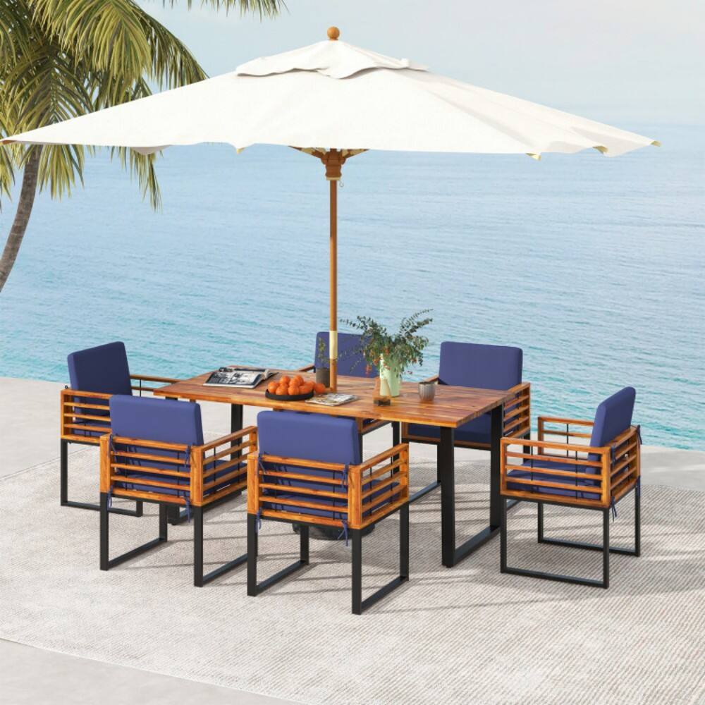 Back. Mondawe - 7 Pieces Patio Acacia Wood Dining Chair and Table Set for Backyard and Poolside - Navy.
