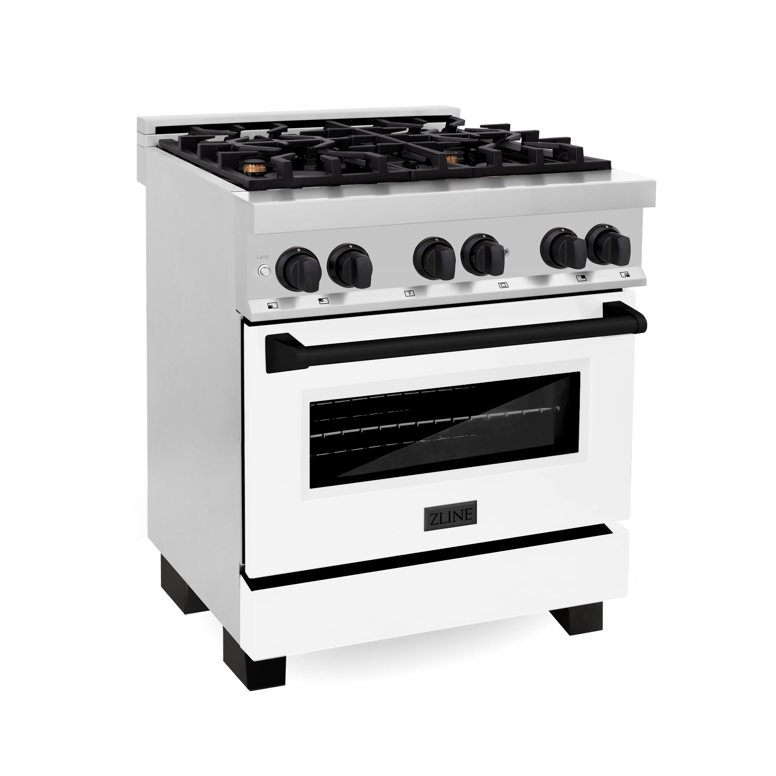 Back. ZLINE - Autograph 30" Legacy Dual Fuel Range w/ 4 Burners & White & Black Accents (RAZ-WM-30-MB) - Stainless Steel/Matte White.
