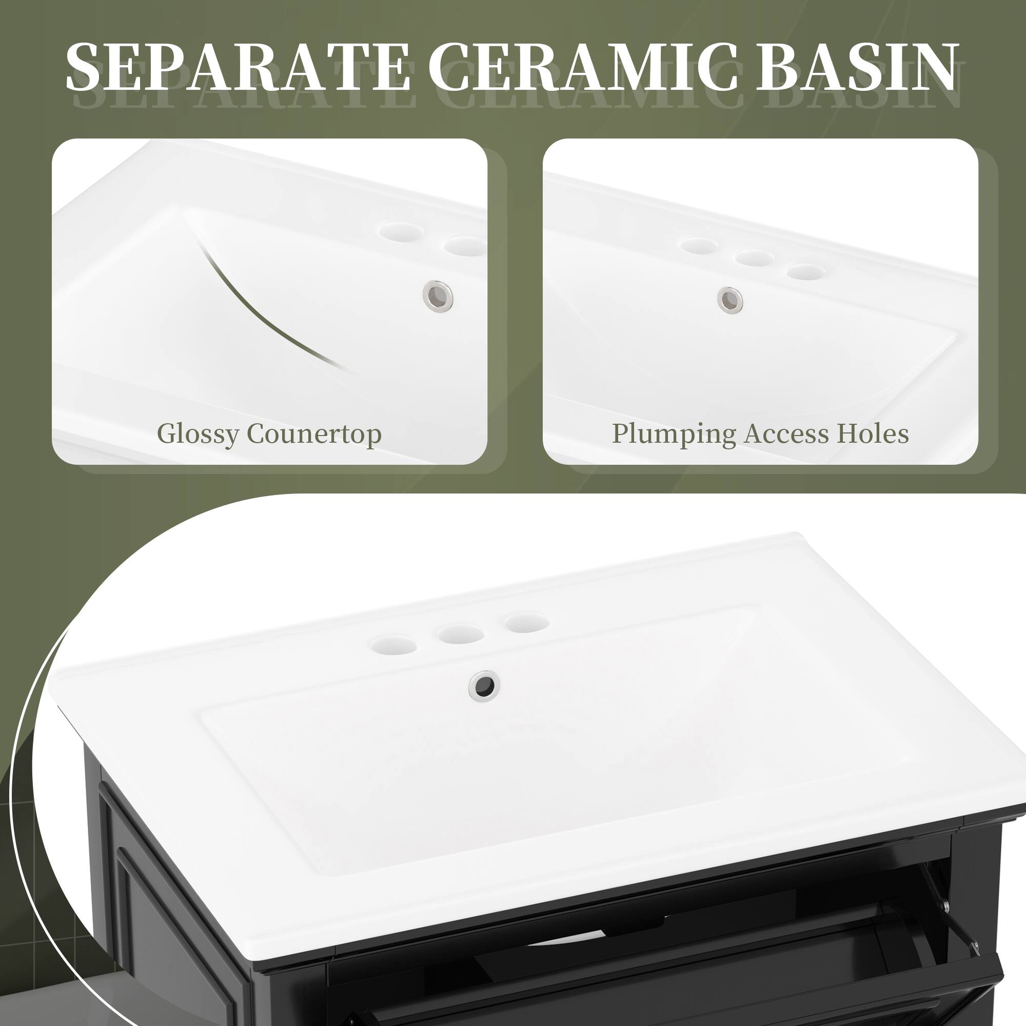 SEPARATE CERAMIC BASIN

Glossy Countertop

Plumbing Access Holes