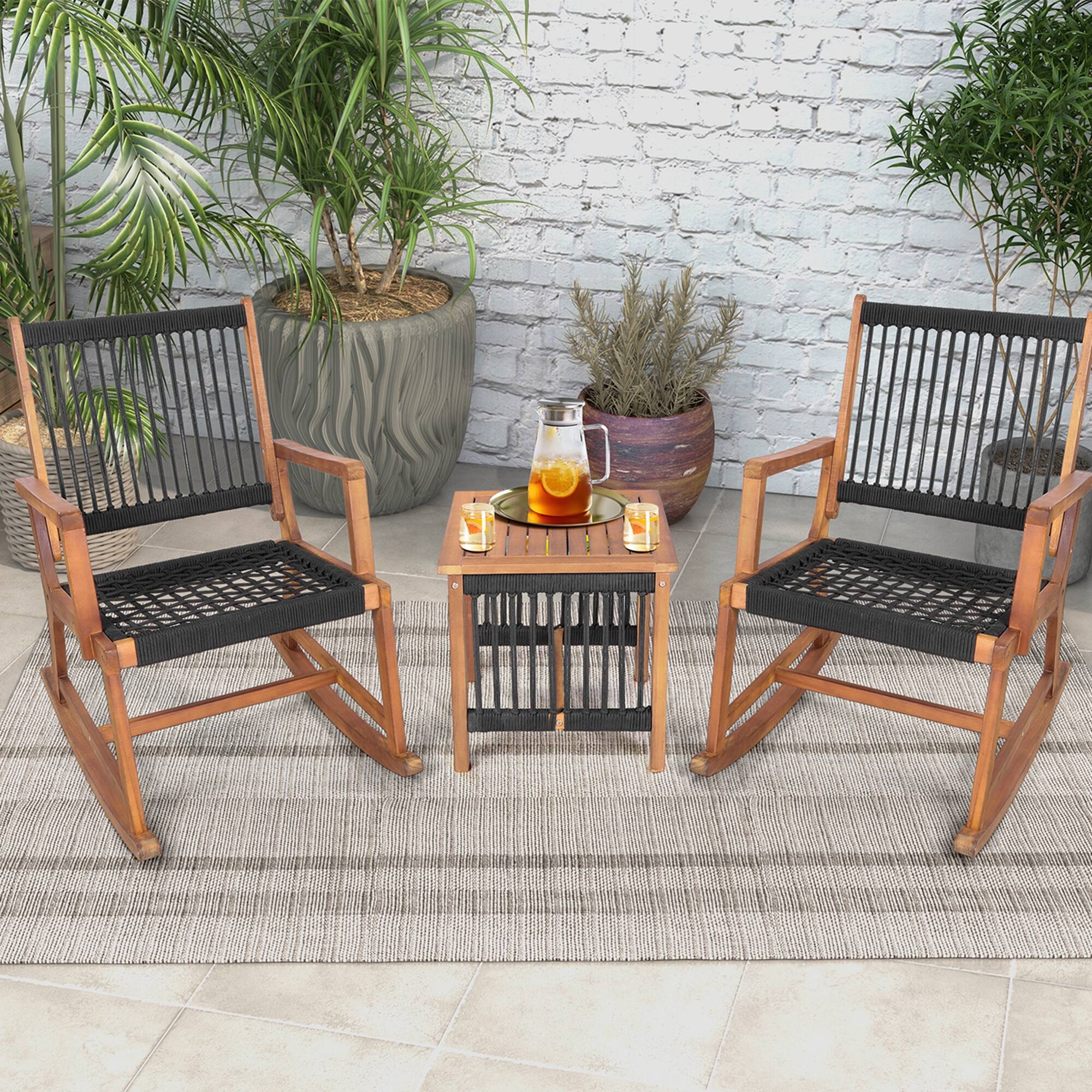 Alt View 4. Costway - Costway 3pcs Patio Acacia Wood Bistro Table Rocking Chair Set All-Weather Rope Outdoor - Black,Natural.