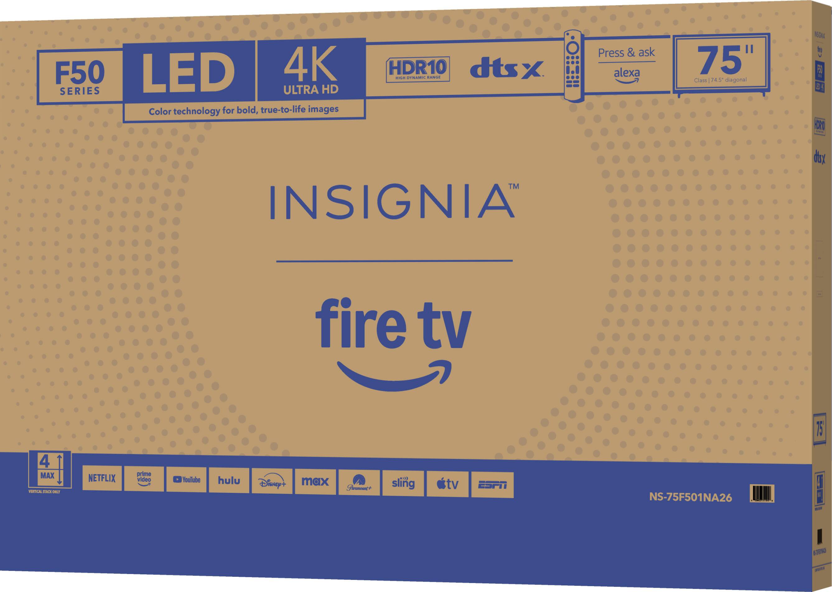 The text on the image reads:

"F50 LED 4K SERIES ULTRA HD Color technology for bold, true-to-life images HDR10 dtsx X -..  - Press & ask alexa 75" Class 745 diagonal 1 F B KXT - TM INSIGNIA dst fire tv 75 4 MAX --  - NETFLIX prime video Youlube hulu Disney+ max Smae m1 sling tv ee I ESPN NS-75F501NA26 I 1 I 6530 -"

The text has been grouped and corrected as follows:

"F50 LED 4K SERIES ULTRA HD Color technology for bold, true-to-life images HDR10 dtsx X -..  - Press & ask alexa 75" Class 745 diagonal 1 F B KXT - TM INSIGNIA dst fire tv 75 4 MAX --  - NETFLIX prime video YouTube Hulu Disney+ max Same m1 sling tv ee I ESPN NS-75F501NA26 I 1 I 6530 -"