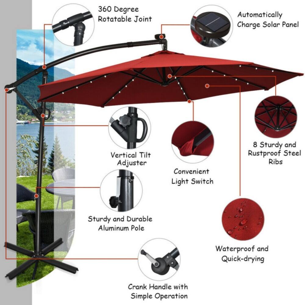 360 Degree Rotatable Joint  
Automatically Charge Solar Panel  
Vertical Tilt Adjuster  
Convenient Light Switch  
8 Sturdy and Rustproof Steel Ribs  
Sturdy and Durable Aluminum Pole  
Waterproof and Quick-drying  
Crank Handle with Simple Operation