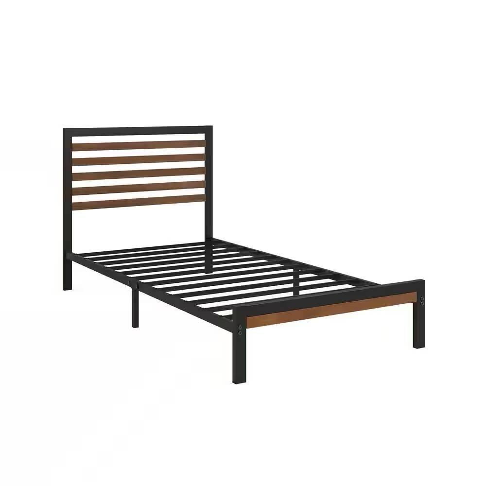 Left. Hivvago - Hivvago Twin Student Dorm Metal Platform Bed Frame with Brown Wood Slat Headboard - Black.