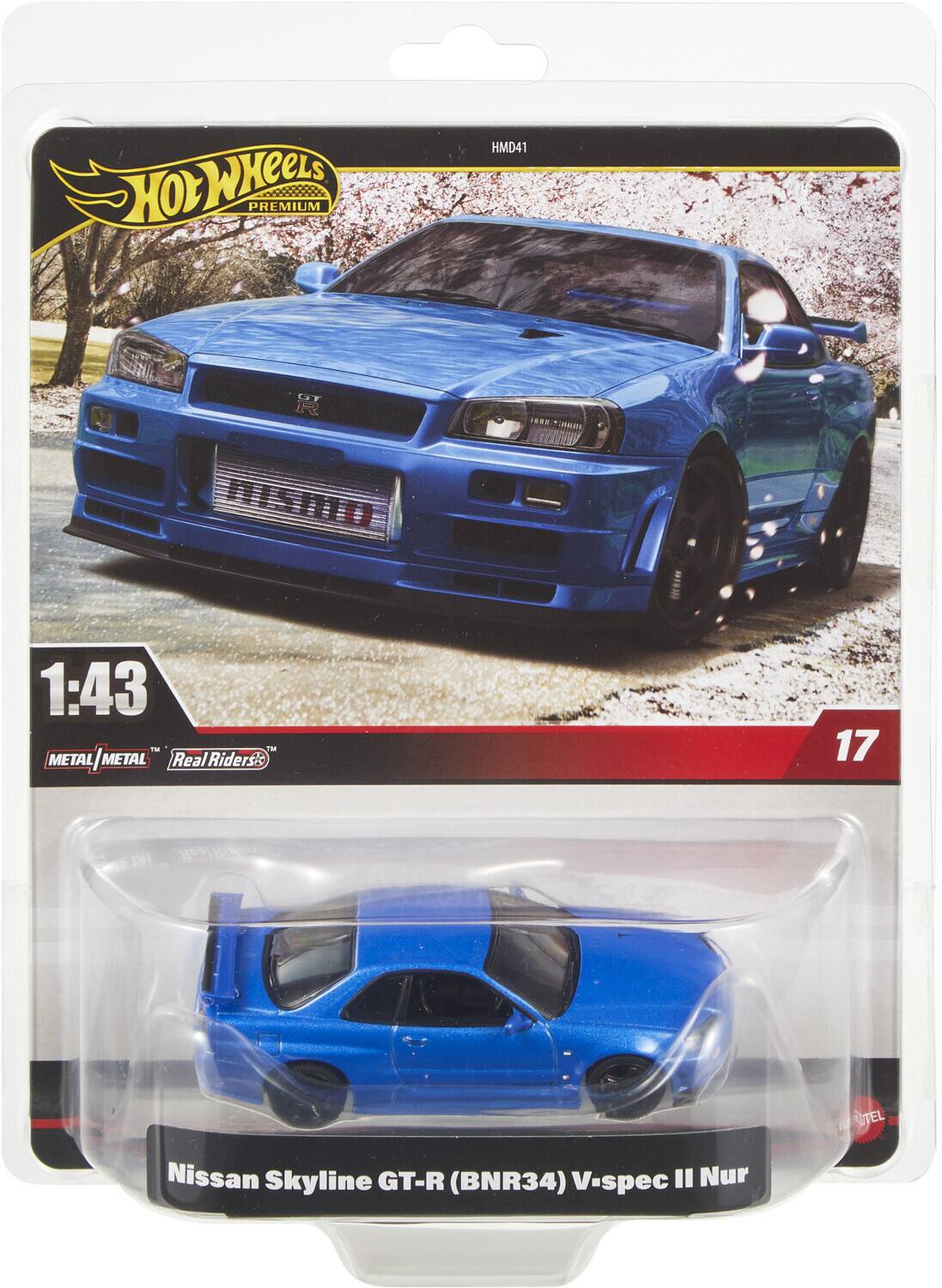 Hot Wheels Premium  
HMD41  

1:43  
Metal/Metal  
Real Riders  

Nissan Skyline GT-R (BNR34) V-spec II Nur