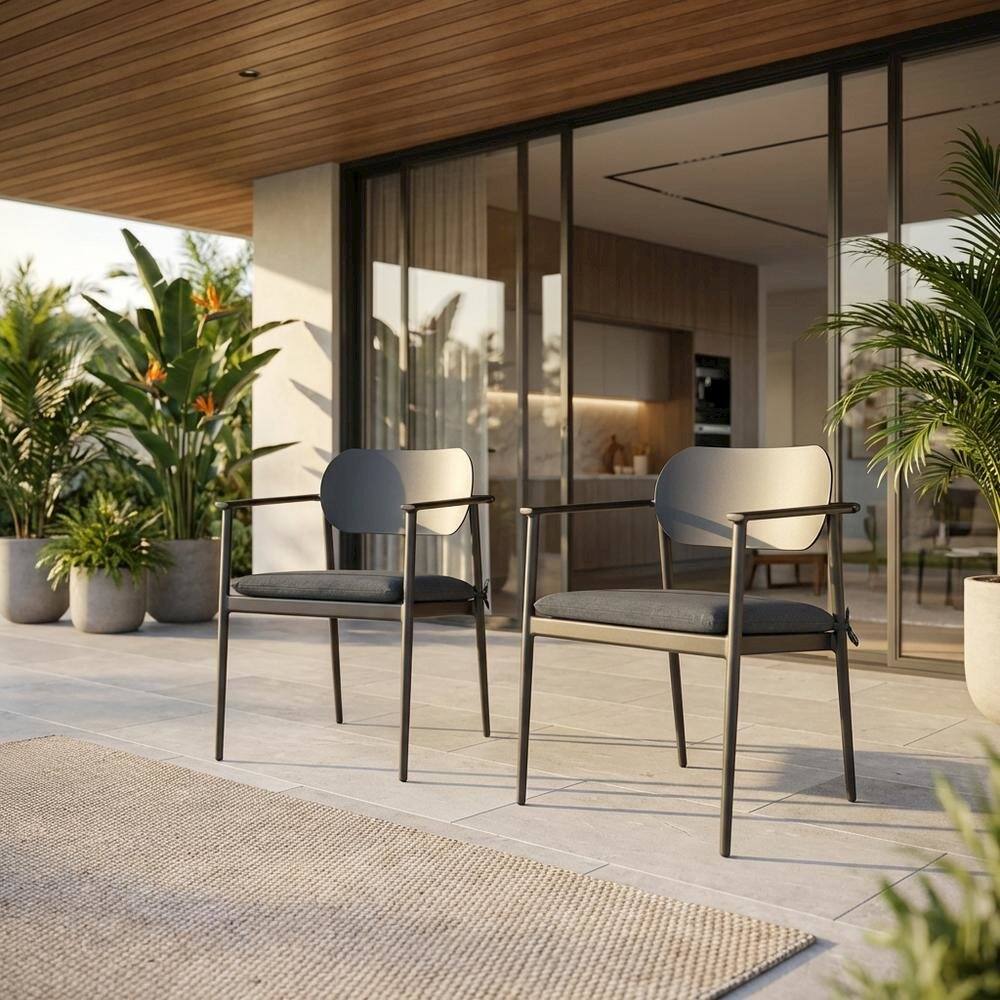 Angle. Outdoor Escape - Stackable outdoor aluminum dining chairs set of 2, backrest, lightweight design - Gray.
