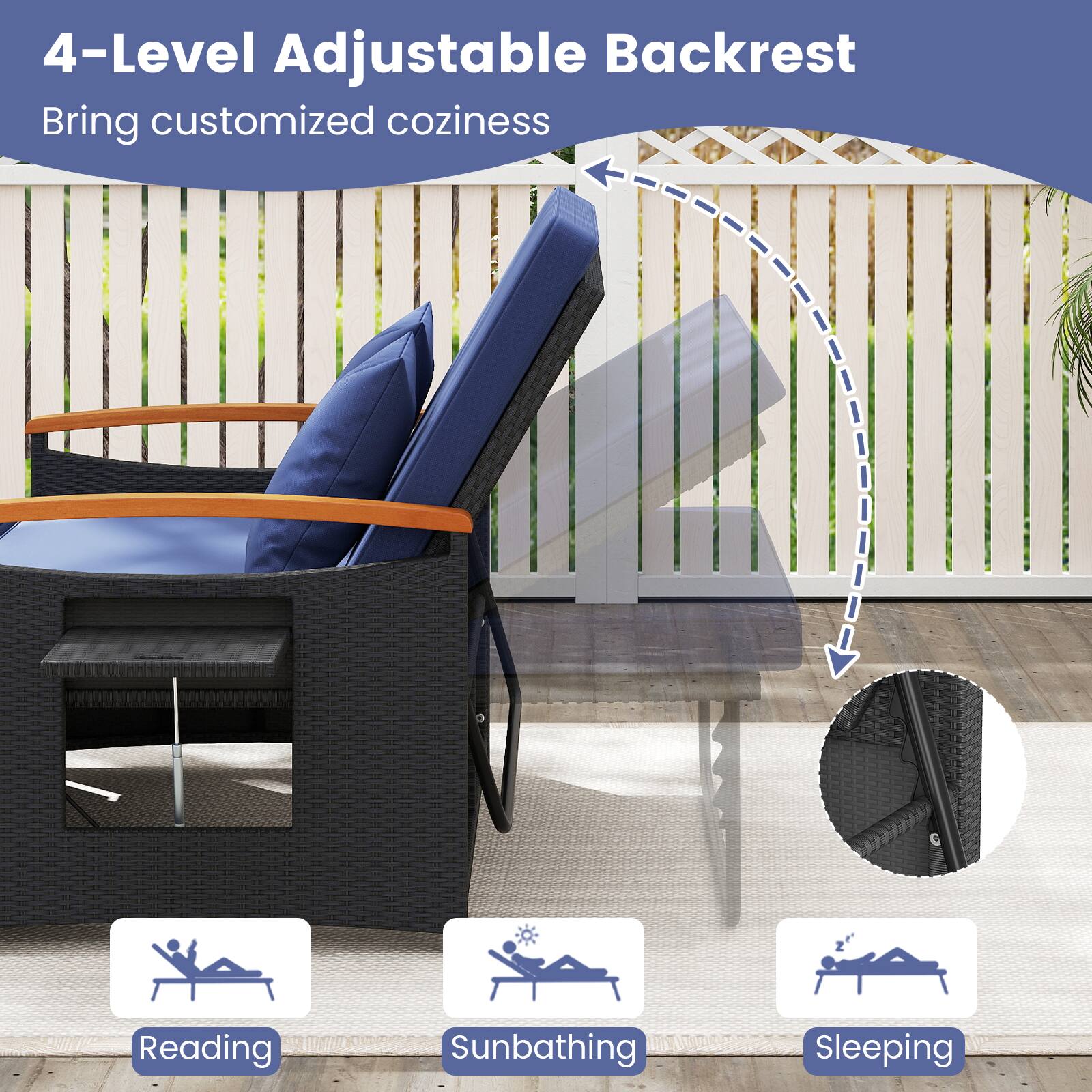 4-Level Adjustable Backrest  
Bring customized coziness  

Reading  
Sunbathing  
Sleeping