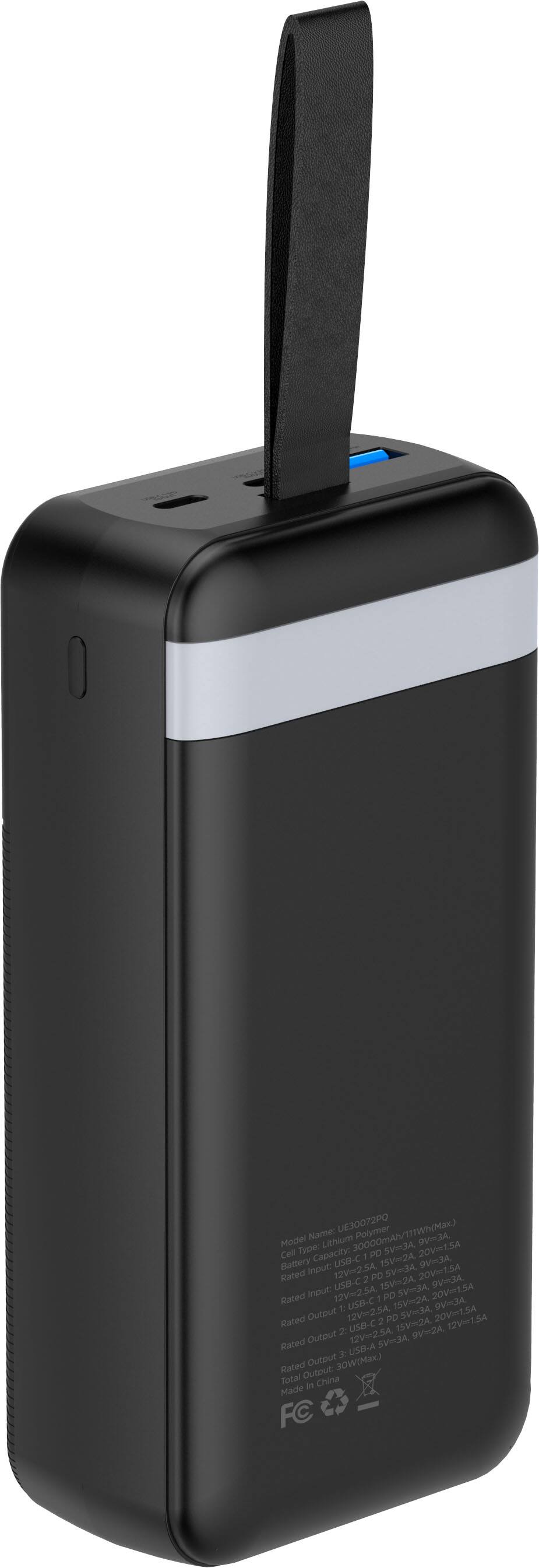 Name: UE30072PO 30000mAh/11.1Wh Lithium Polymer Battery Model: SJ4 9V~3A Cell Type: Lithium Polymer Battery USB-C 15V=3A Battery 20V=15A Cell Type: Lithium Polymer Battery Rated input: 12V2.5A PD 1 USB-C 15V2A 9V3A Rated output: 12V~25A PD 1 USB-C 15V2A 12V1.54 2 12V-2.5A 9V2A Rated output 5V1A USB-A Rated output Total Capacity: 30000mAh Made in China