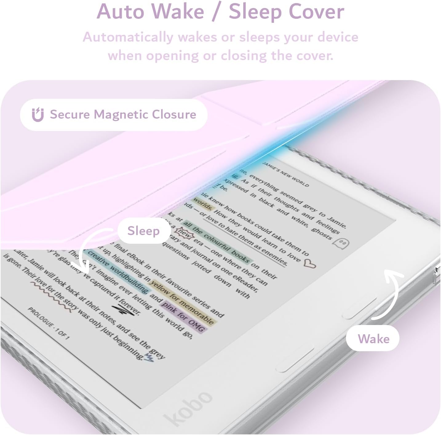 Auto Wake / Sleep Cover  
Automatically wakes or sleeps your device when opening or closing the cover.  

Secure Magnetic Closure  

Sleep  
Wake