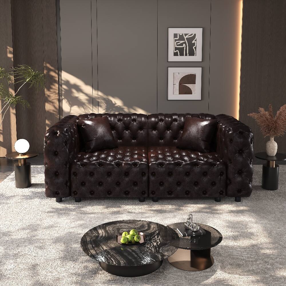 Left. Loheer - Loheer 77 Inch Modern Sofa Set Faux Leather Modular 2-Seater Sectional Couch Button Tufted Dark Brown - Dark Brown.