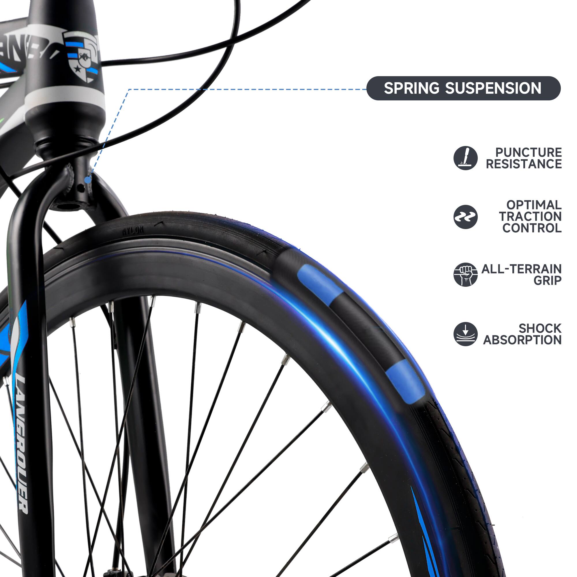 Sure, here is the corrected and grouped text from the image:

- **SPRING SUSPENSION**
- **PUNCTURE RESISTANCE**
- **OPTIMAL TRACTION CONTROL**
- **ALL-TERRAIN GRIP**
- **SHOCK ABSORPTION**