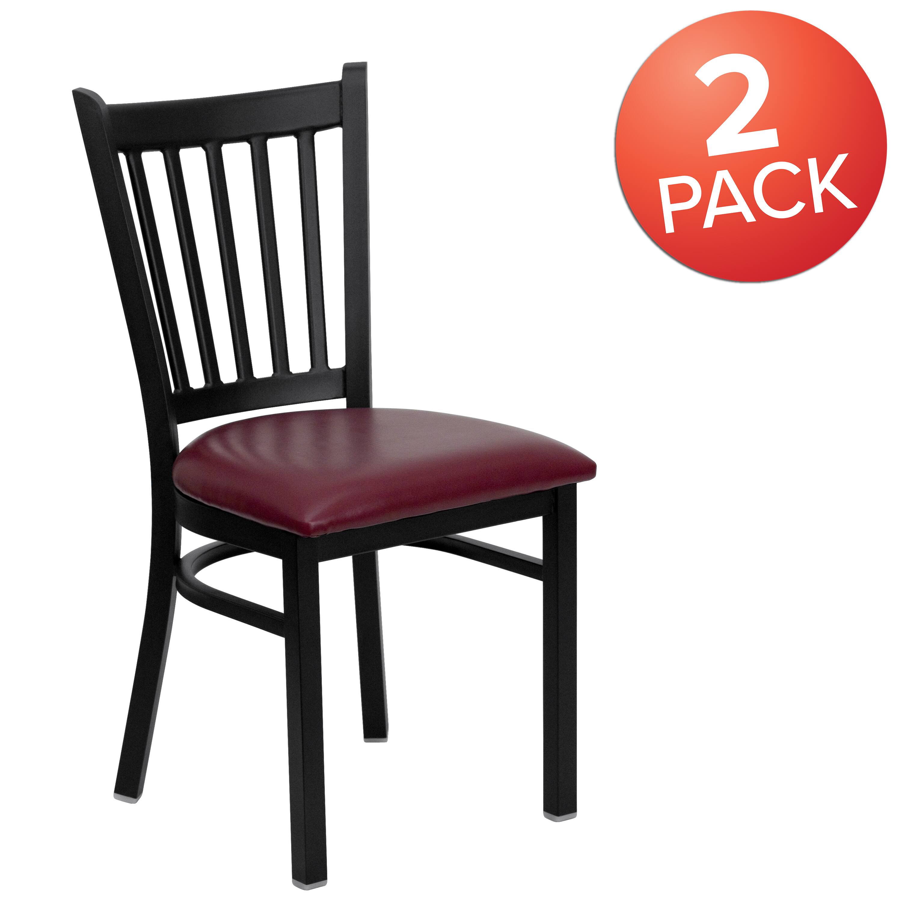 Alt View 1. Emma + Oliver - 2 Pack Vertical Back Metal Restaurant Chair - Burgundy Vinyl Seat/Black Metal Frame.
