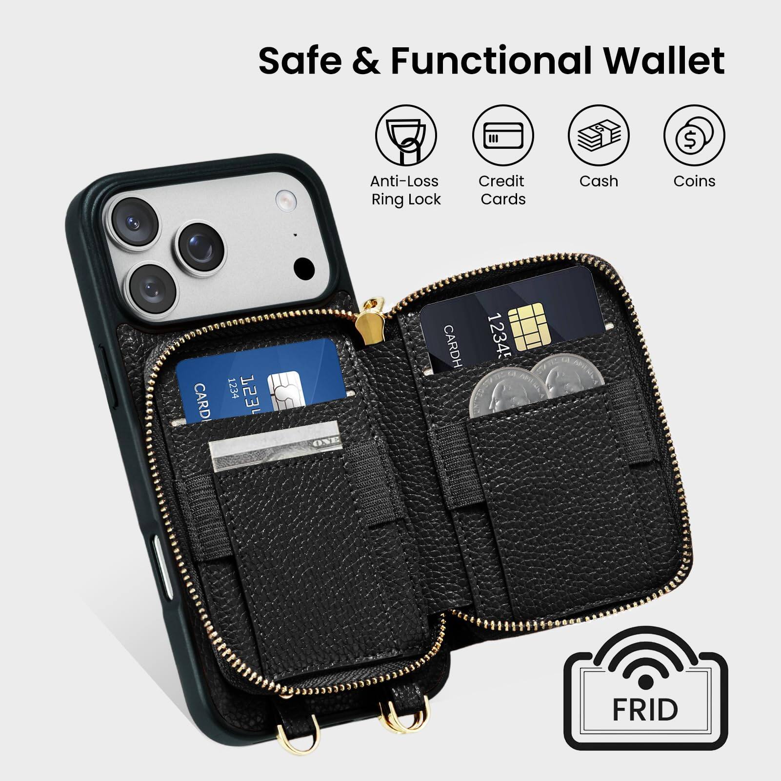 Safe & Functional Wallet

Anti-Loss Ring Lock  
Credit Cards  
Cash  
Coins  

CARDH 12345  
CARDI 1234  
FRID