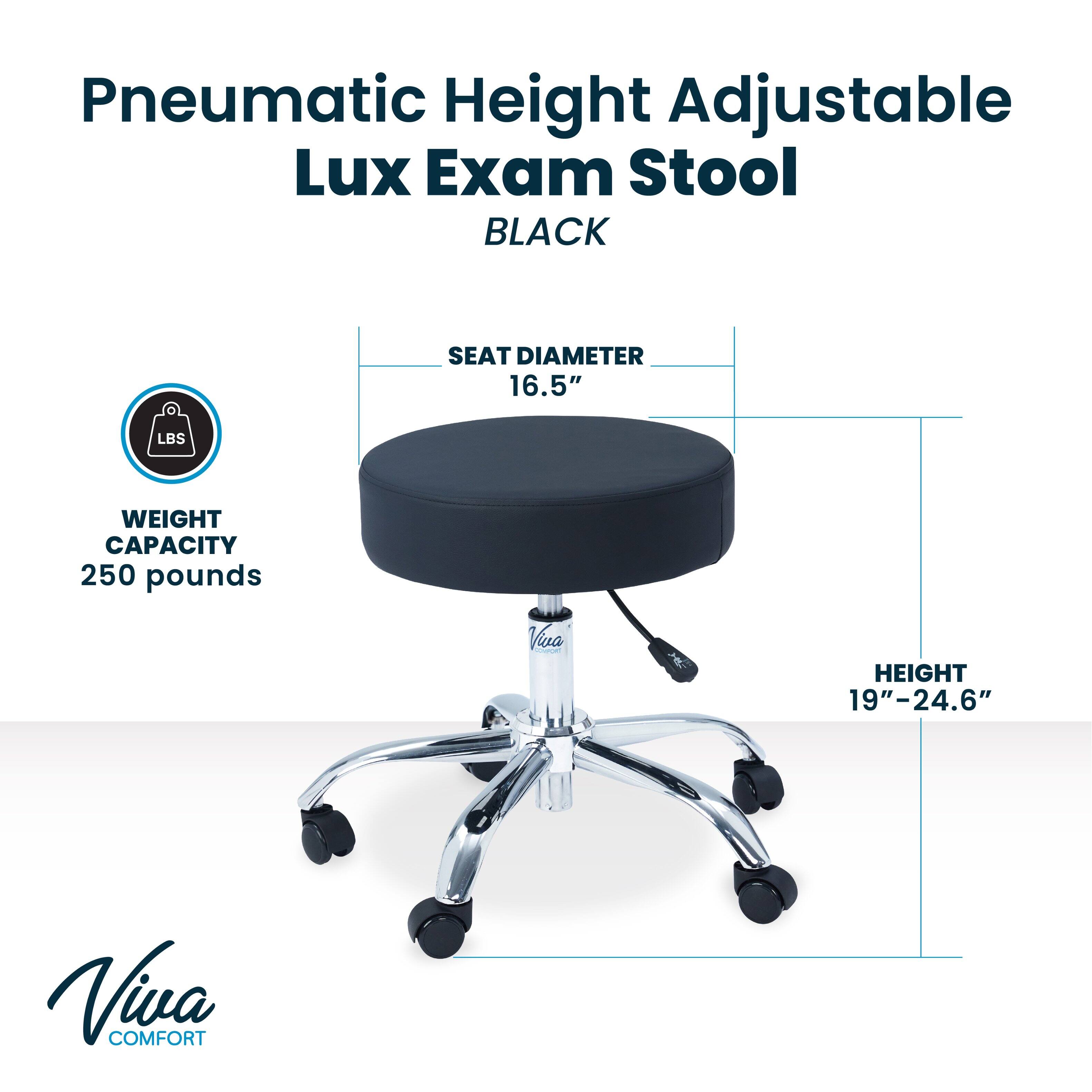 Pneumatic Height Adjustable Lux Exam Stool BLACK

SEAT DIAMETER 16.5"

WEIGHT CAPACITY 250 pounds

HEIGHT 19"-24.6"

Viva COMFORT