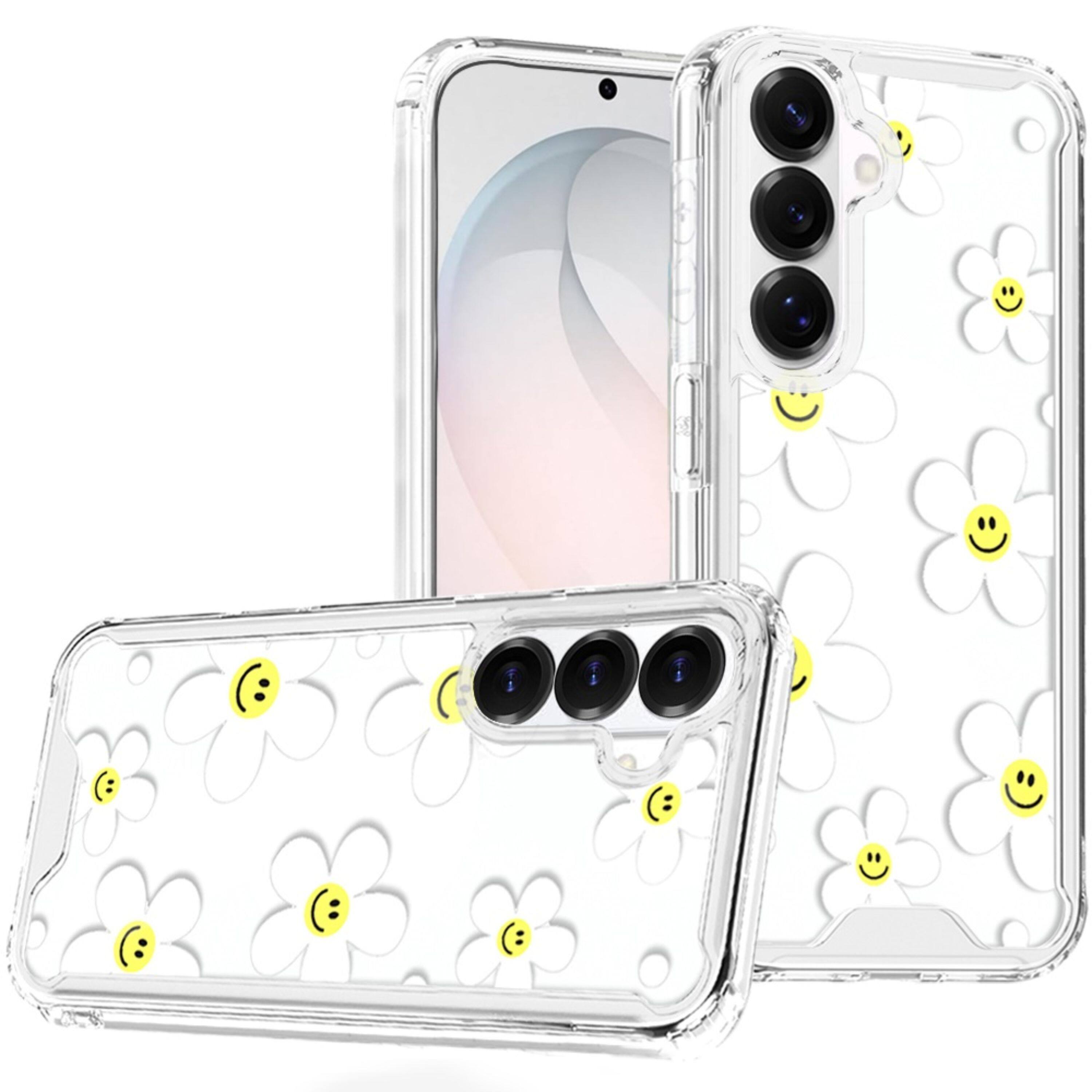 Front. Kitcheniva - Cute Print Design On Clear TPU Cover Plus Tempered Glass For Samsung S26 FE White Daisies - Multicolor.