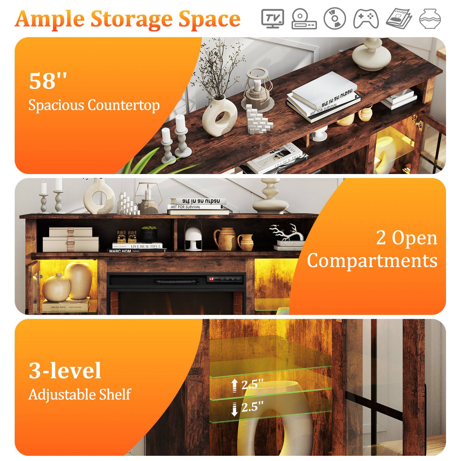 Ample Storage Space
58" Spacious Countertop
2 Open Compartments
3-level Adjustable Shelf
2.5" 2.5"