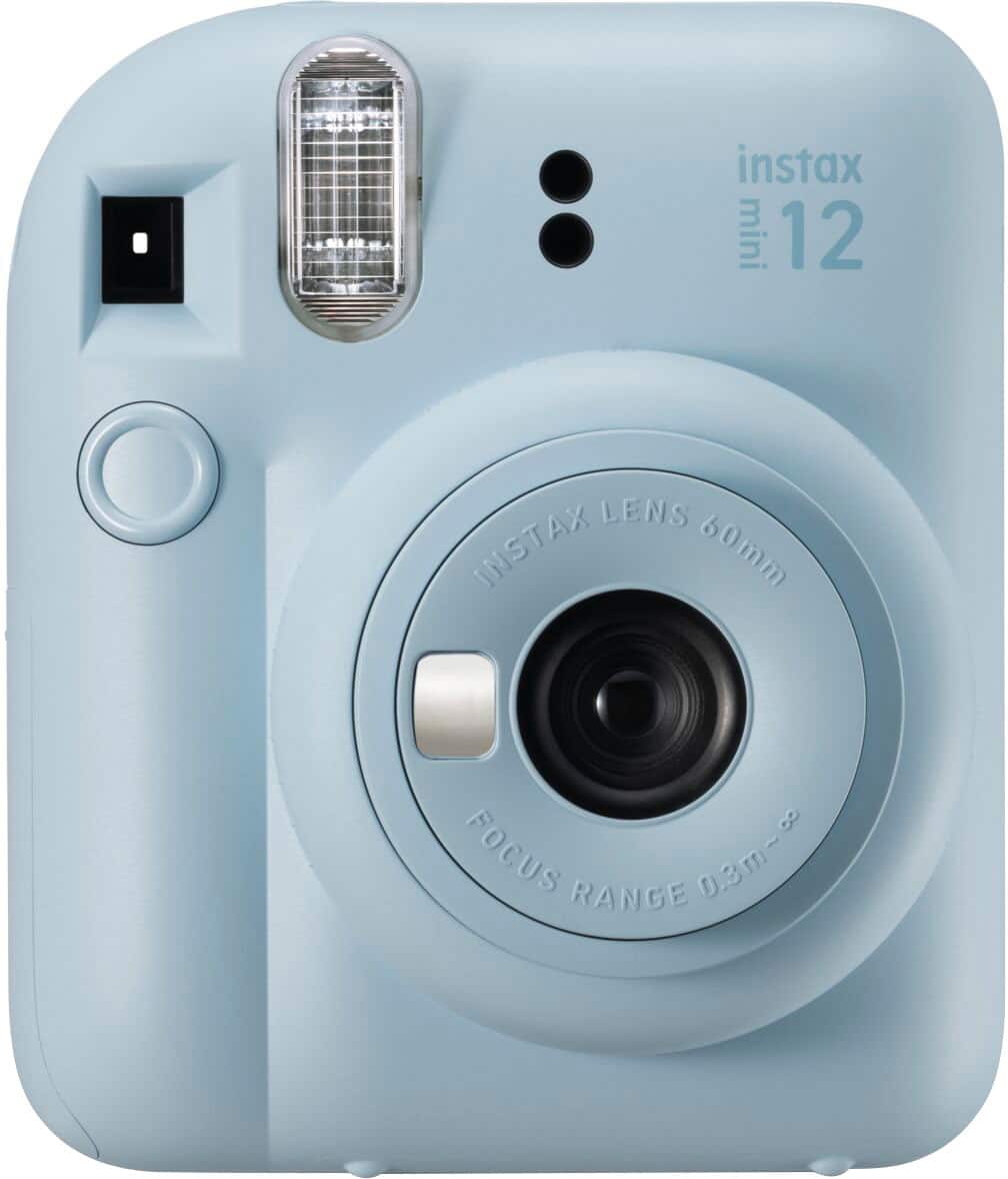 The text on the image reads "instax mini 12 LENS INSTAX 60mm 8 FOCUS RANGE 0.3m~".