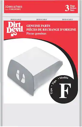 3200147001
PARTS 1200103001
3 Bags Bolsas Sacs
RESEALABLE
Dirt Devil
GENUINE PARTS
PIÈCES DE RECHANGE D'ORIGINE
Piezas genuinas
Modèle
Tipo
Type
F