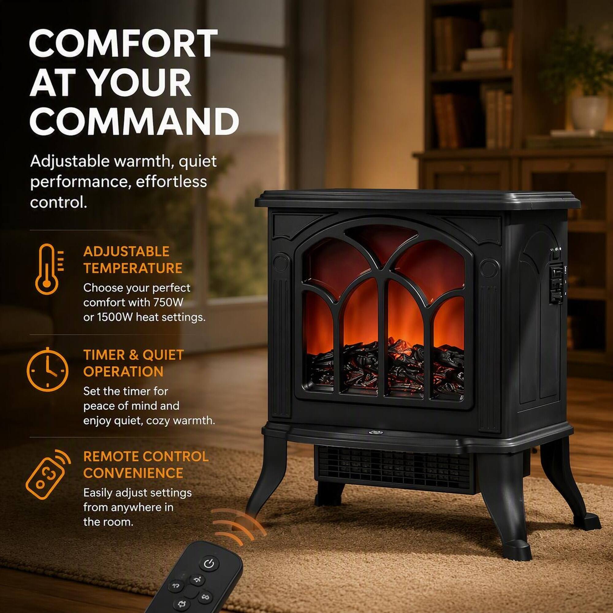 COMFORT AT YOUR COMMAND  
Adjustable warmth, quiet performance, effortless control.  

ADJUSTABLE TEMPERATURE  
Choose your perfect comfort with 750W or 1500W heat settings.  

TIMER & QUIET OPERATION  
Set the timer for peace of mind and enjoy quiet, cozy warmth.  

REMOTE CONTROL CONVENIENCE  
Easily adjust settings from anywhere in the room.  

$8