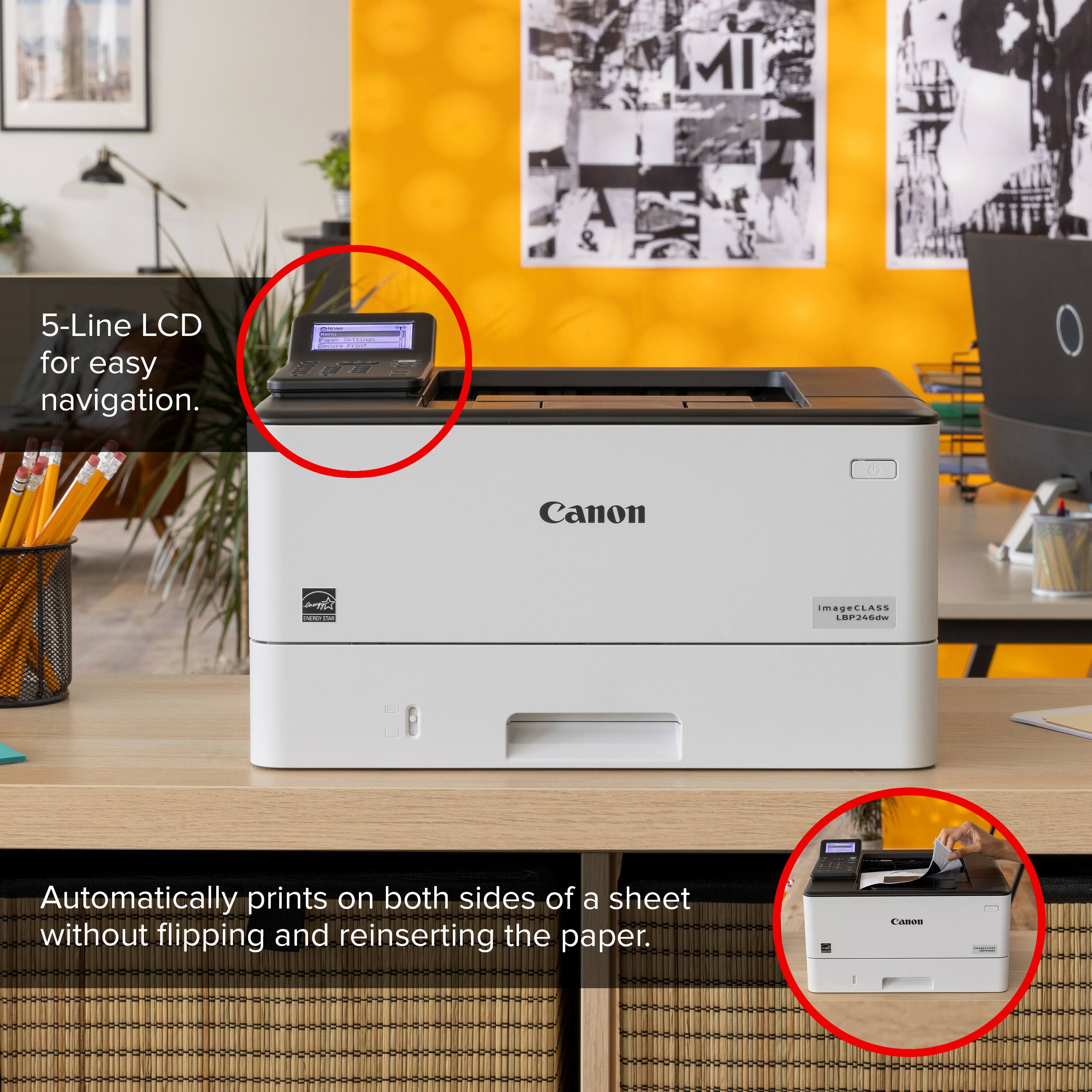 The image features a Canon printer with a 5-line LCD for easy navigation. The printer is designed to automatically print on both sides of a sheet without flipping and reinserting the paper, making it an efficient and convenient choice for office use.