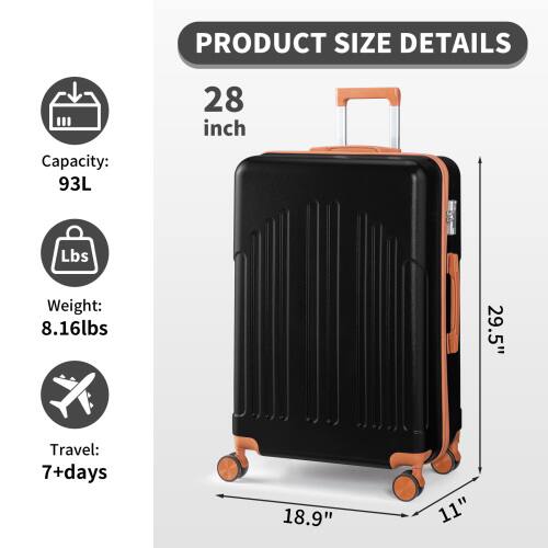PRODUCT SIZE DETAILS

28 inch  
Capacity: 93L  
Weight: 8.16lbs  
Travel: 7+days  

29.5"  
18.9"  
11"