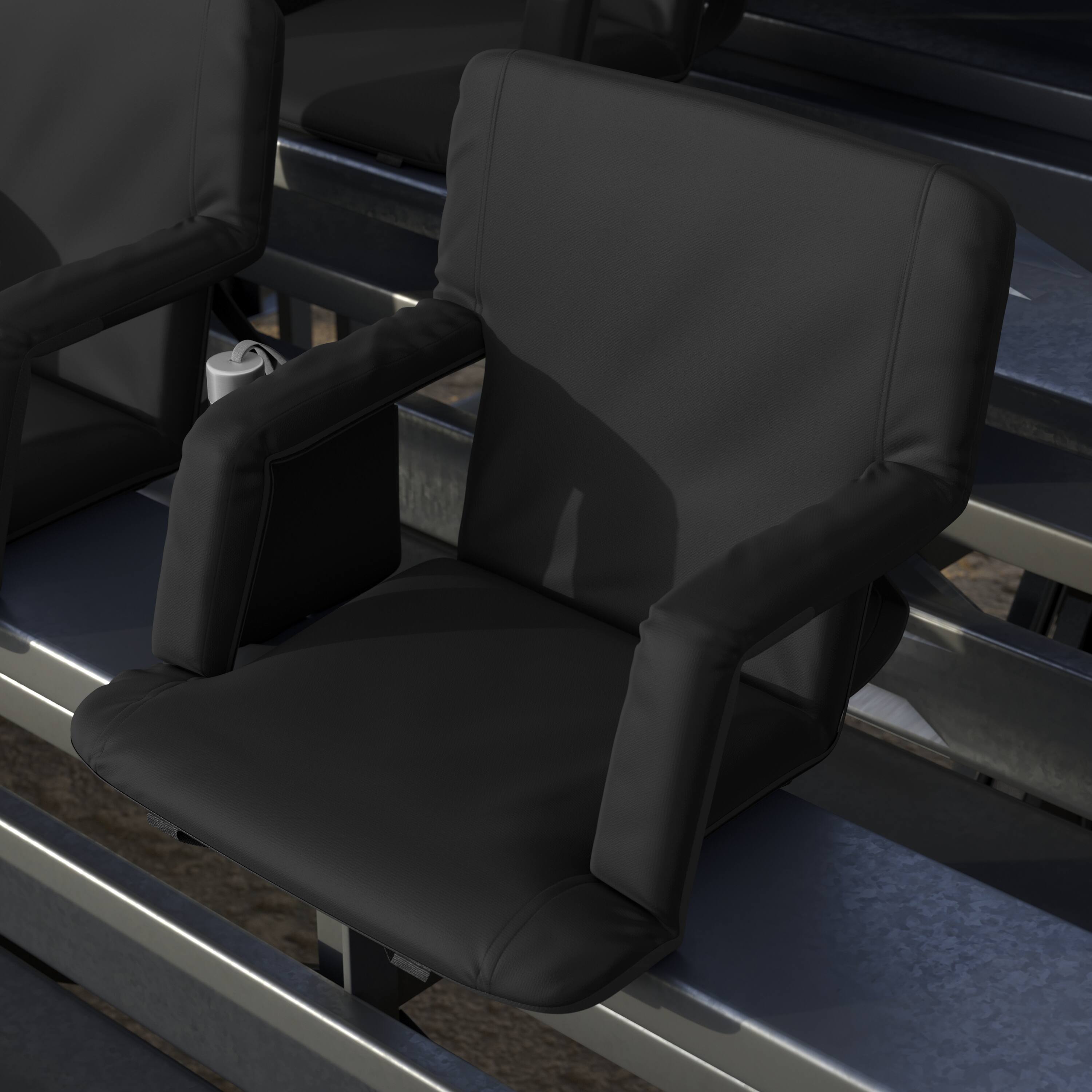 Alt View 4. Emma + Oliver - 2 Pack Folding Metal Stadium Chairs with Padded, Reclining Back & Armrests - Black.