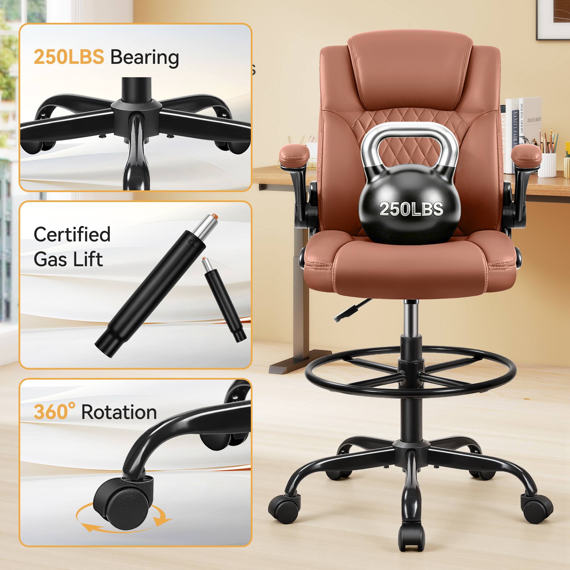250LBS Bearing  
Certified Gas Lift  
360° Rotation