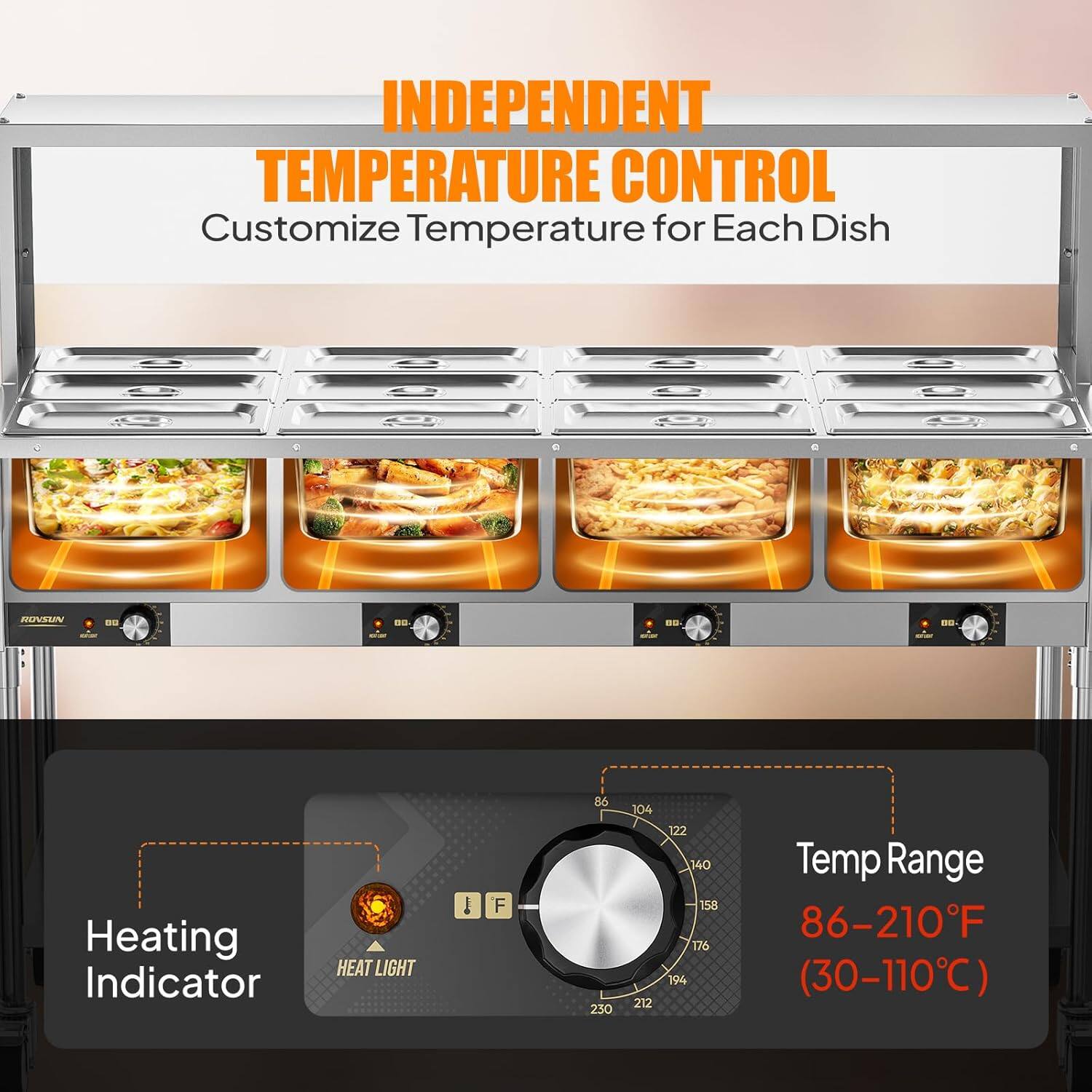 INDEPENDENT TEMPERATURE CONTROL  
Customize Temperature for Each Dish  

HEATING INDICATOR  
HEAT LIGHT  

Temp Range: 86-210°F (30-110°C)
