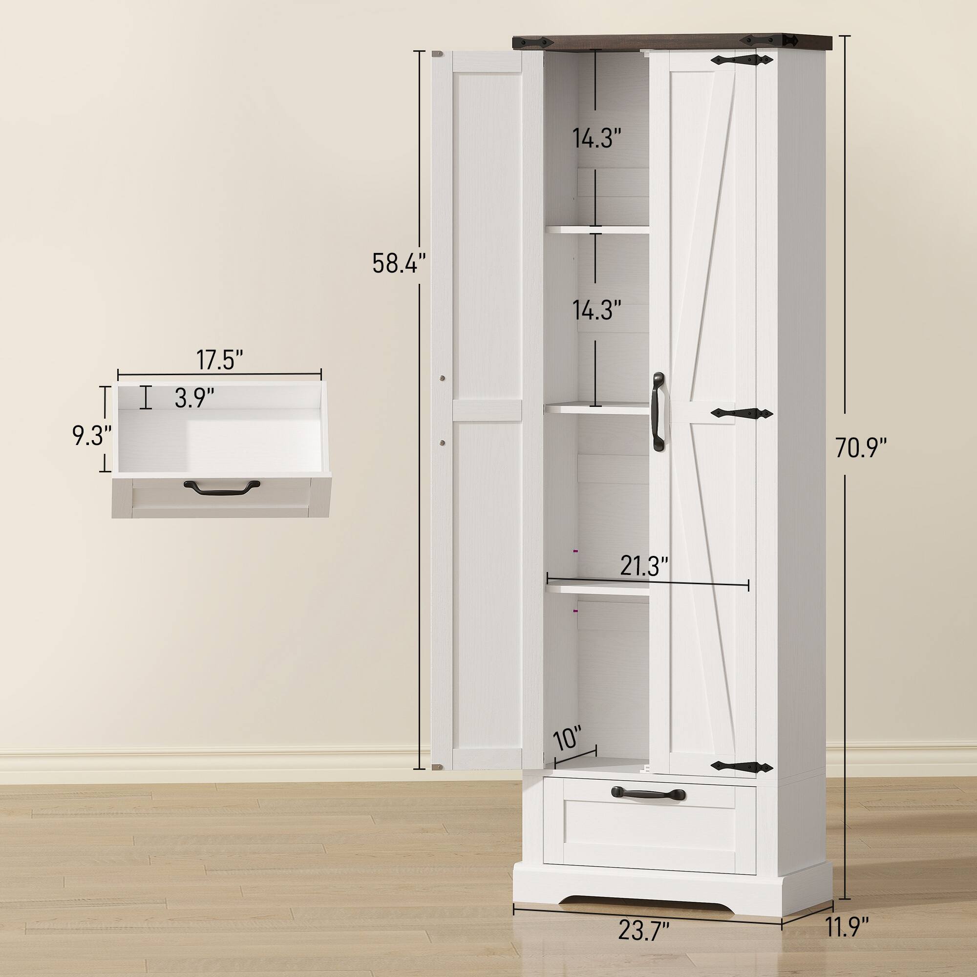 14.3"  
58.4"  
14.3"  
9.3"  
17.5"  
3.9"  
70.9"  
21.3"  
10"  
23.7"  
11.9"