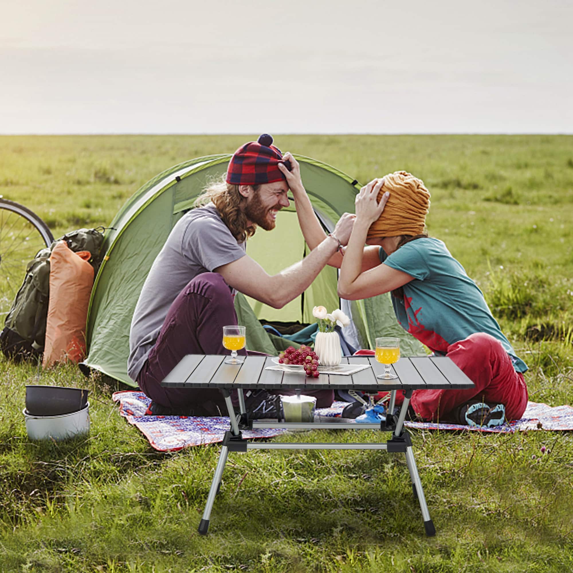 Left. Costway - Heavy-Duty Aluminum Camping Table, Folding Outdoor Picnic Table with Carrying Bag Silver - Silver.