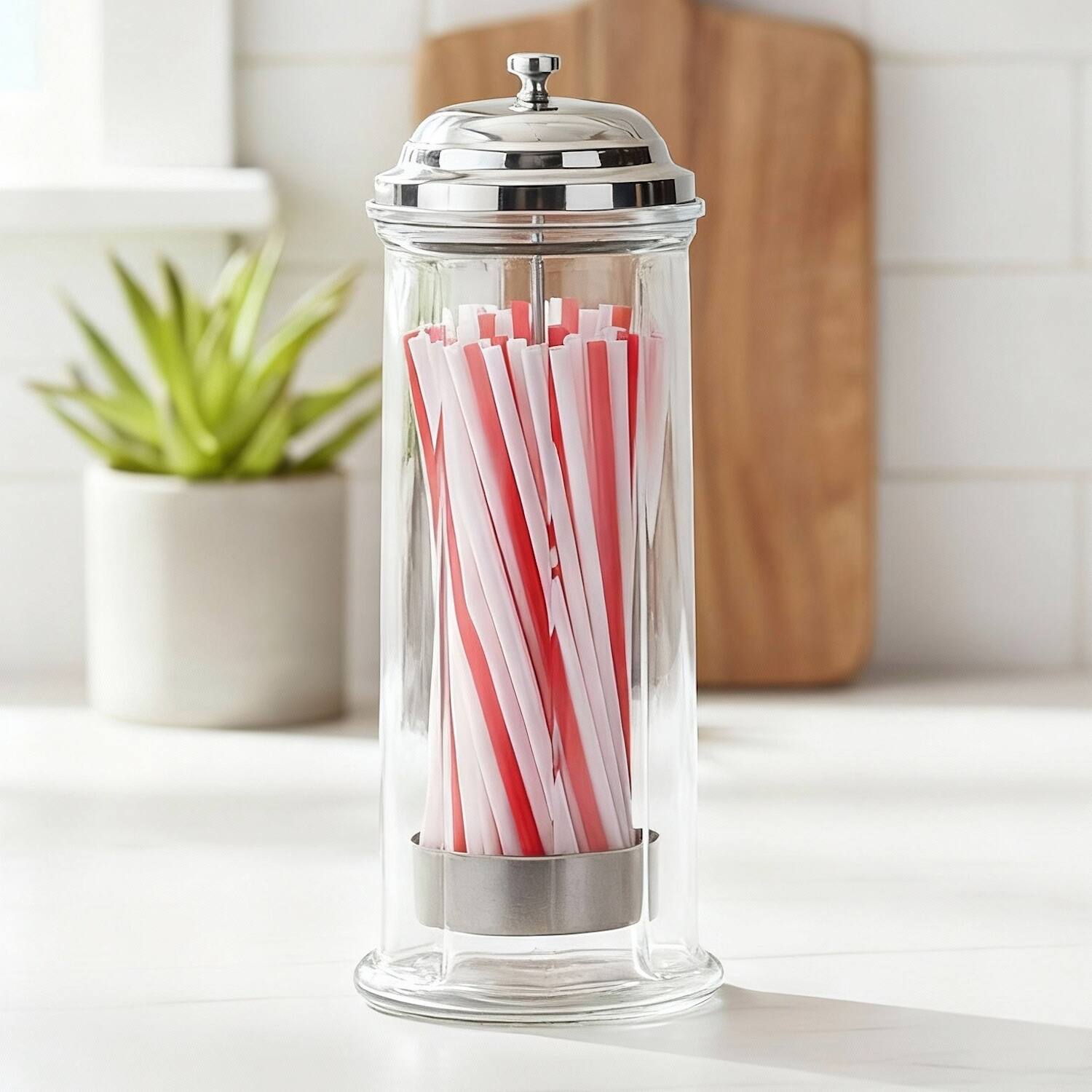 Angle. Jay Import - Clear Glass Straw Holder With Chrome Color Lid /Straws Included.