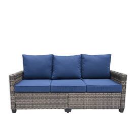Decksplore - Metal Frame Outdoor Couch with Cushions, PE Ratten Sofa, Seats 3 - Navy Blue