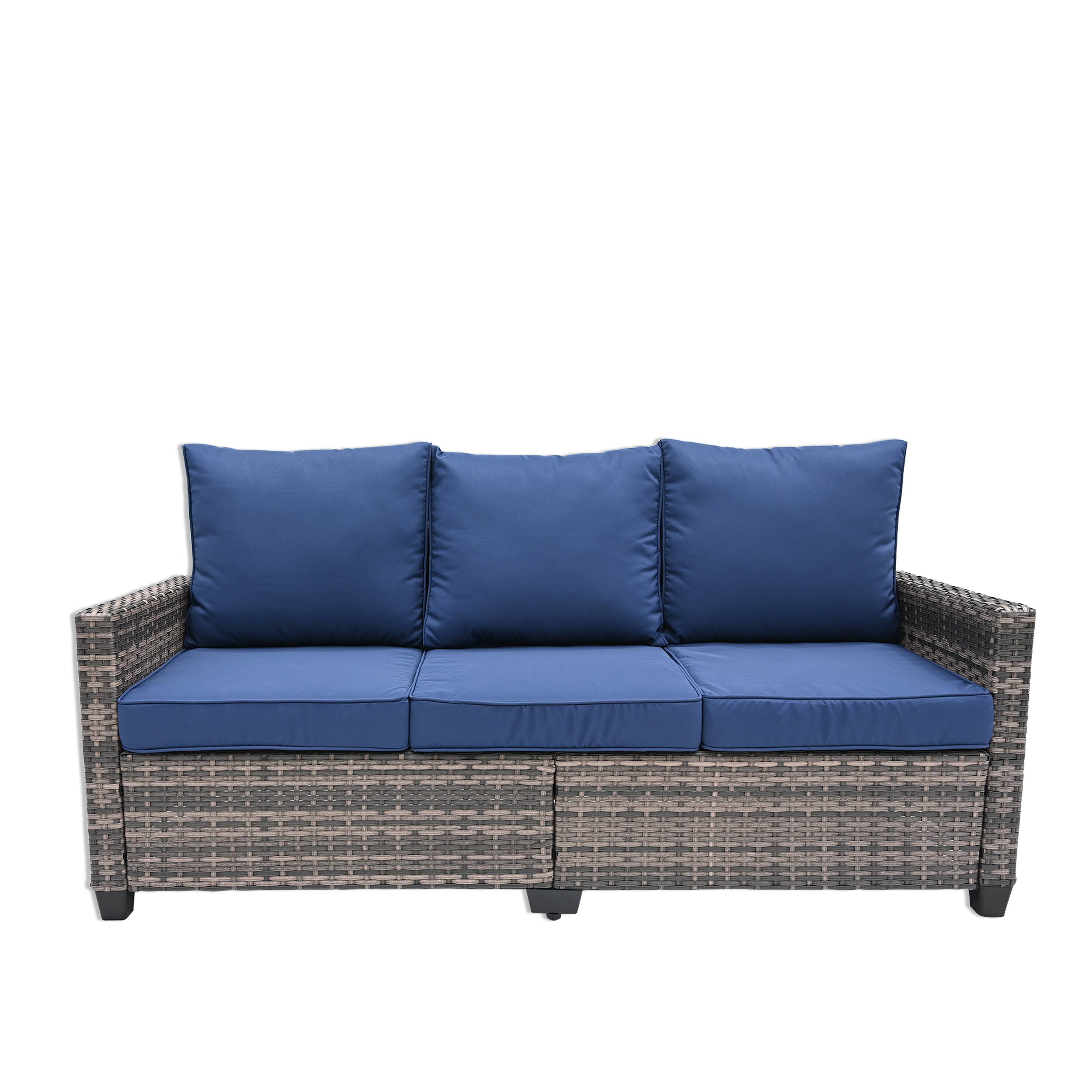 Front. Decksplore - Metal Frame Outdoor Couch with Navy Blue Cushions, PE Ratten Sofa, Seats 3 - Navy Blue.