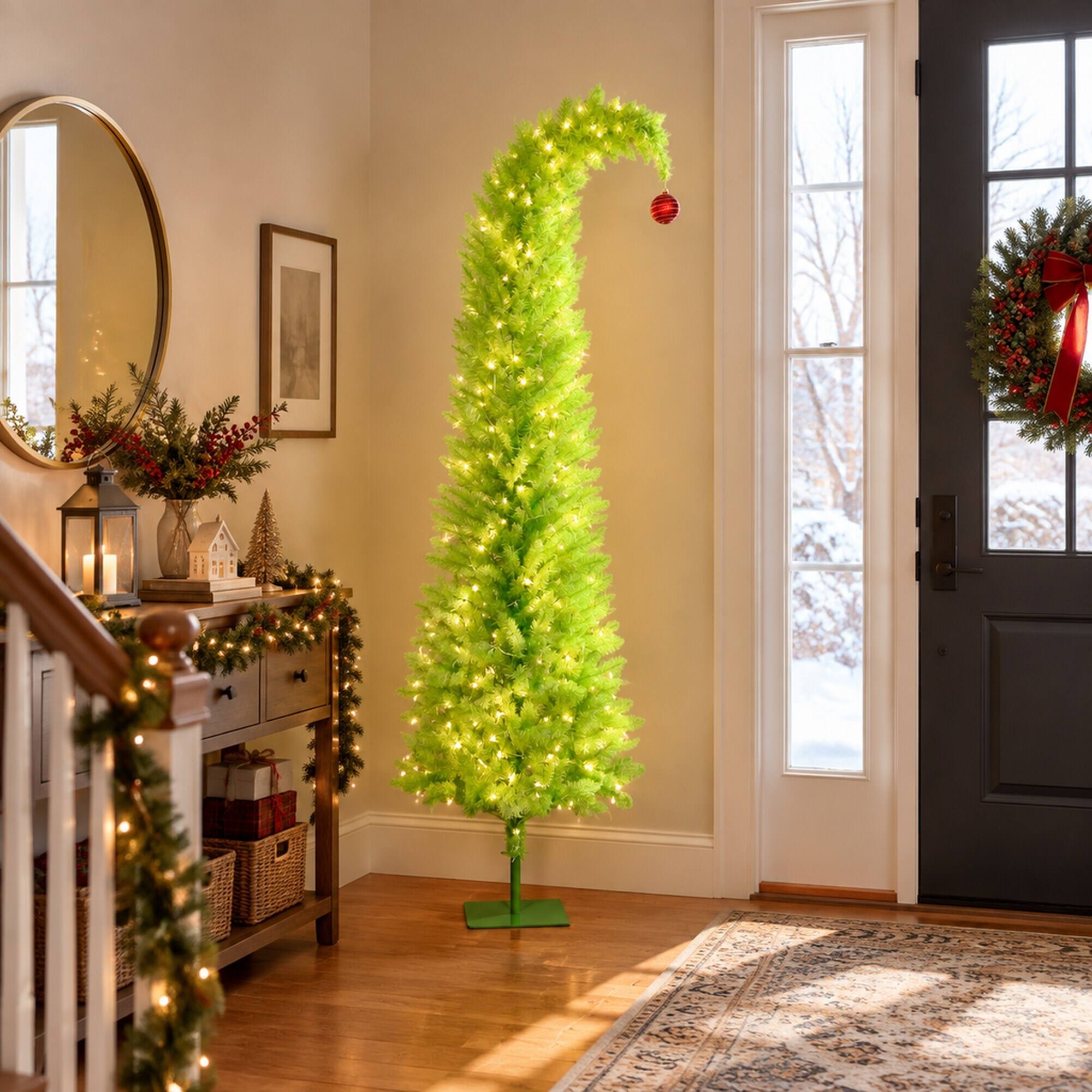 Alt View 1. RYHNUYNE - 6FT Pre-Lit Whimsical Pencil Christmas Tree With 230 LED Lights and Red Balls, Metal Base - Green.