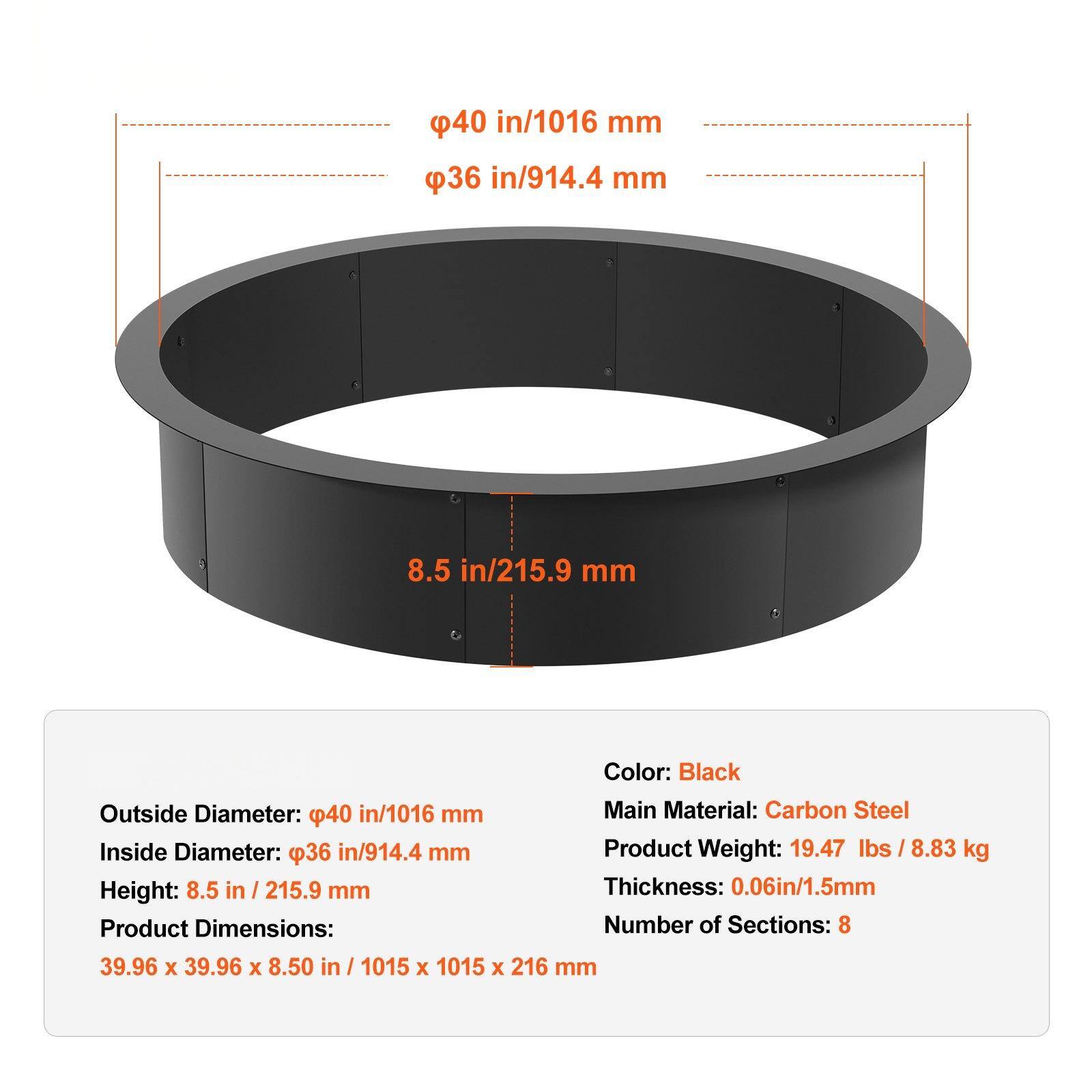 - **Outside Diameter:** 40 in / 1016 mm
- **Inside Diameter:** 36 in / 914.4 mm
- **Height:** 8.5 in / 215.9 mm
- **Color:** Black
- **Main Material:** Carbon Steel
- **Product Weight:** 19.47 lbs / 8.83 kg
- **Thickness:** 0.06 in / 1.5 mm
- **Number of Sections:** 8
- **Product Dimensions:** 39.96 x 39.96 x 8.50 in / 1015 x 1015 x 216 mm