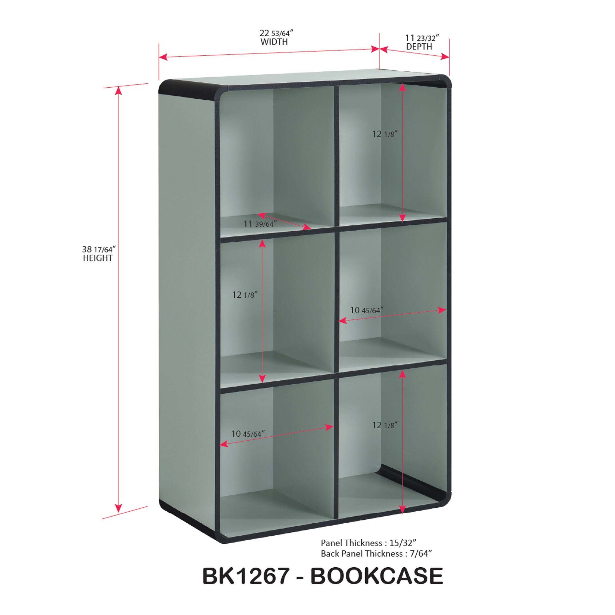 22 53/64" WIDTH  
11 23/32" DEPTH  
38 17/64" HEIGHT  

Panel Thickness: 1 15/32"  
Back Panel Thickness: 7/64"  

BK1267 - BOOKCASE