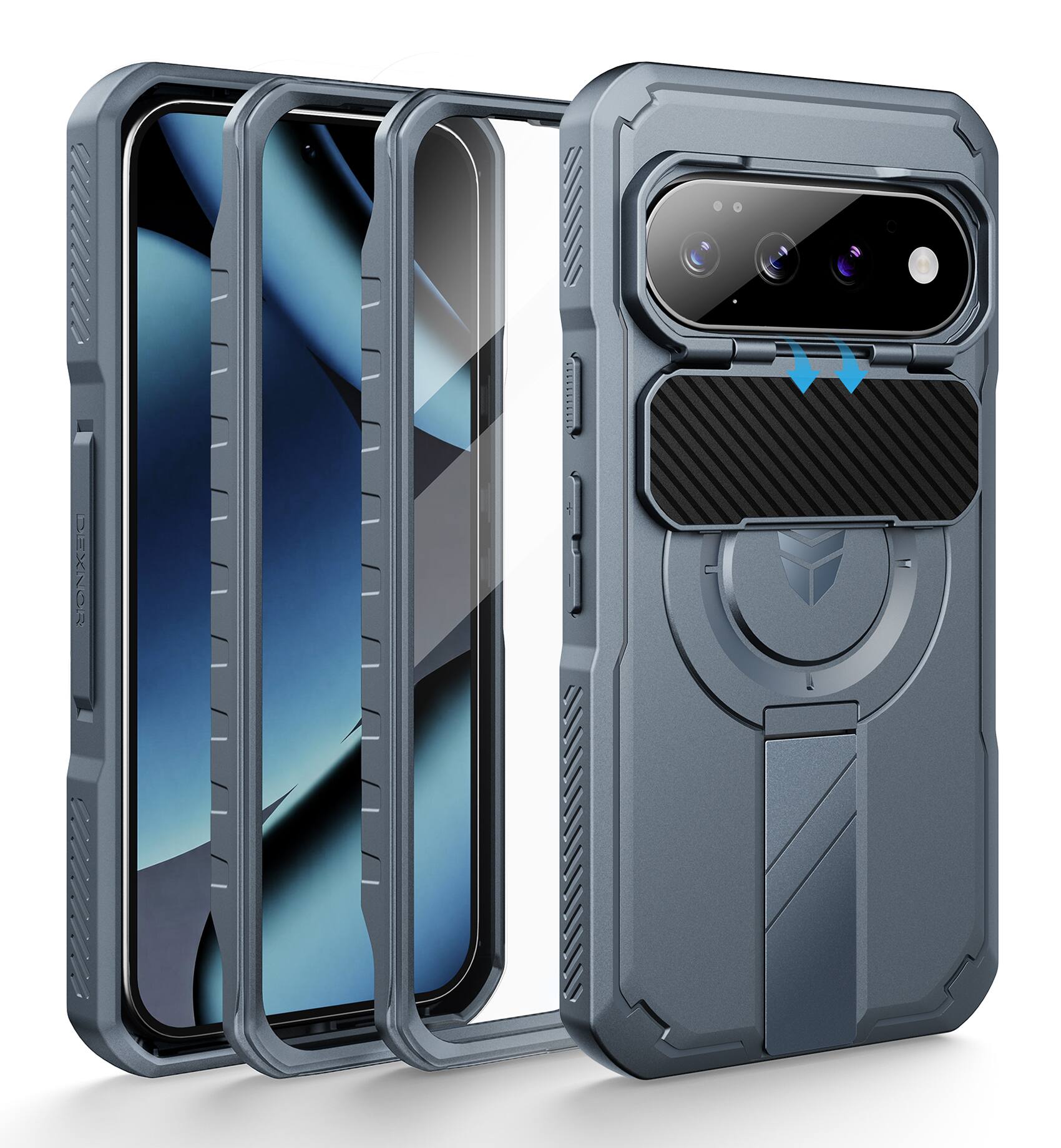 Front. Dexnor - Rugged Case for Google Pixel 11/11 Pro/10/10 Pro with Slide Camera Cover & 2 Front Frames & Screen Protector & Kickstand - Navy Blue.