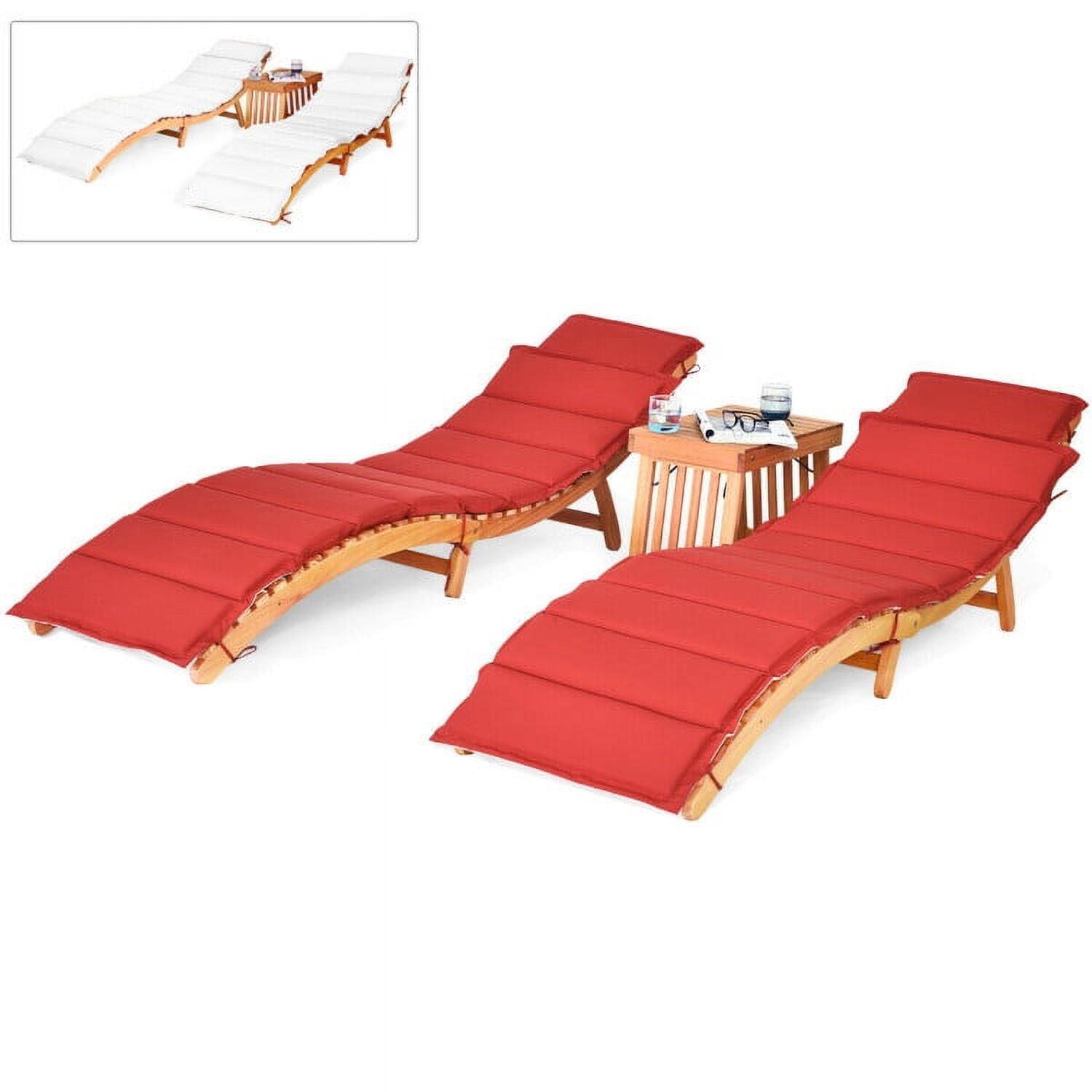 Back. Pefilos - 3 Pieces Folding Patio Eucalyptus Acacia Wood Lounge Chair Set with Foldable Side Table, Outdoor Chaise Lounge Set - Red.