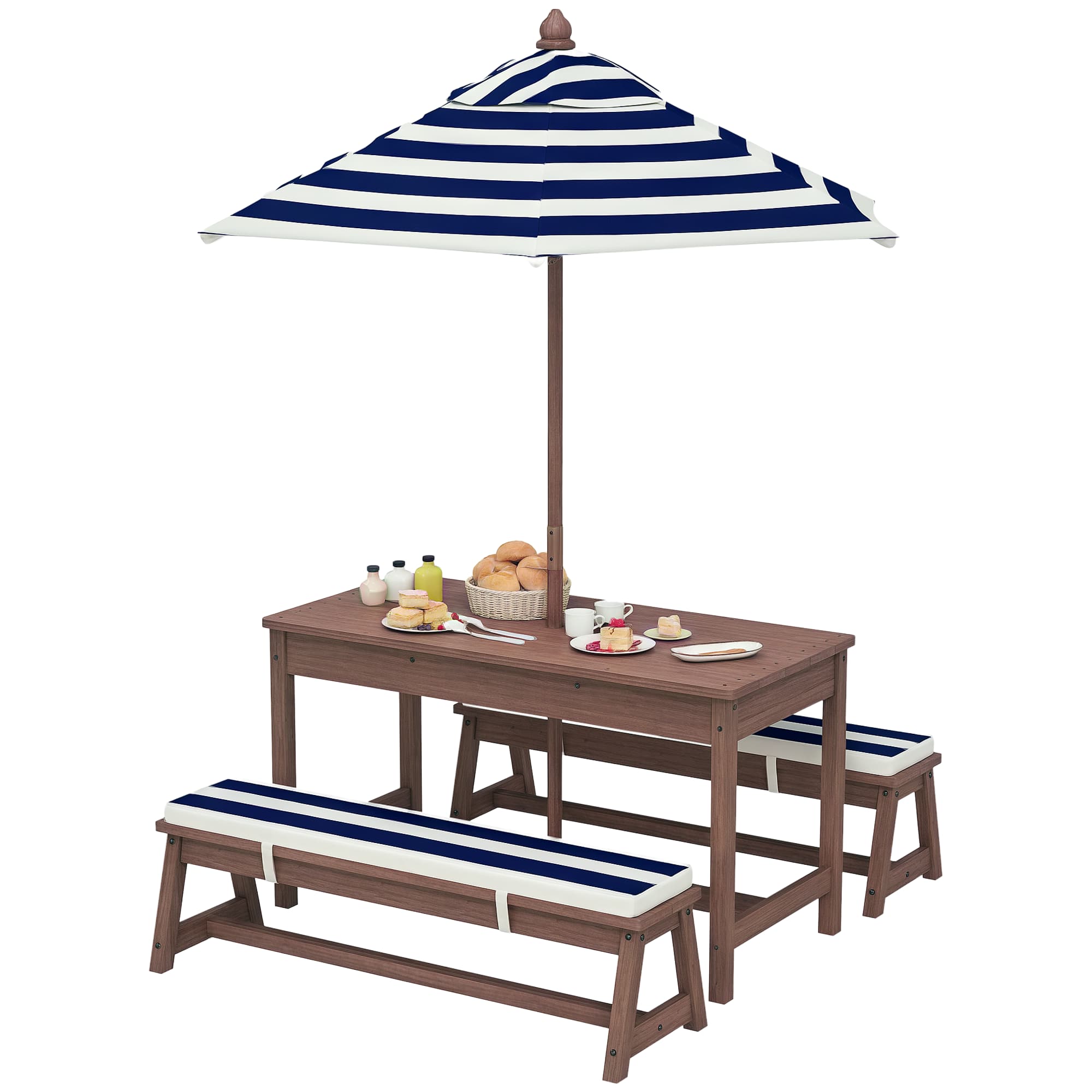 Qaba - Kids Picnic Table, Outdoor Wooden Table & Bench Set with Cushions and Umbrella, Children Backyard Furniture - Blue