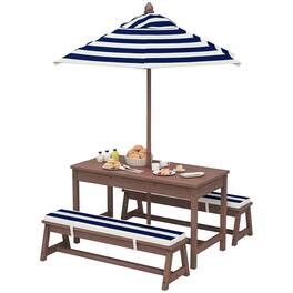 Qaba - Kids Picnic Table, Outdoor Wooden Table & Bench Set with Cushions and Umbrella, Children Backyard Furniture - Blue