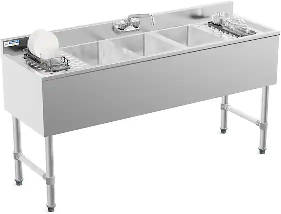 Front. Winado - 3 Compartment Commercial Sink with Double Drainboards & Backsplash & Raised Edges for Restaurant Kitchen Dishwashing Use - Silver.