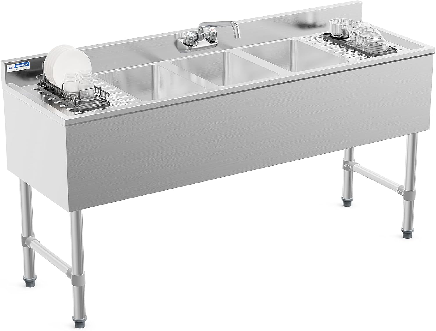 Front. Winado - 3 Compartment Commercial Sink with Double Drainboards & Backsplash & Raised Edges for Restaurant Kitchen Dishwashing Use - Silver.