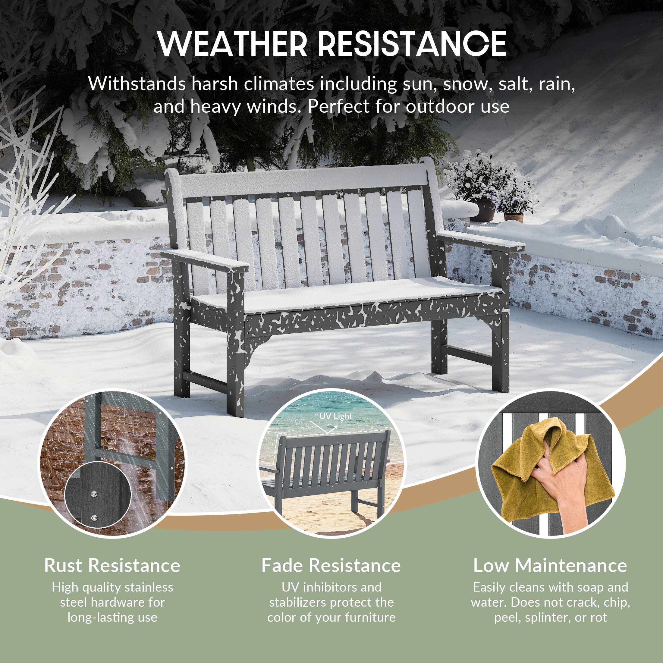 WEATHER RESISTANCE  
Withstands harsh climates including sun, snow, salt, rain, and heavy winds. Perfect for outdoor use

UV V.Light

Rust Resistance  
High quality stainless steel hardware for long-lasting use

Fade Resistance  
UV inhibitors and stabilizers protect the color of your furniture

Low Maintenance  
Easily cleans with soap and water. Does not crack, chip, peel, splinter, or rot