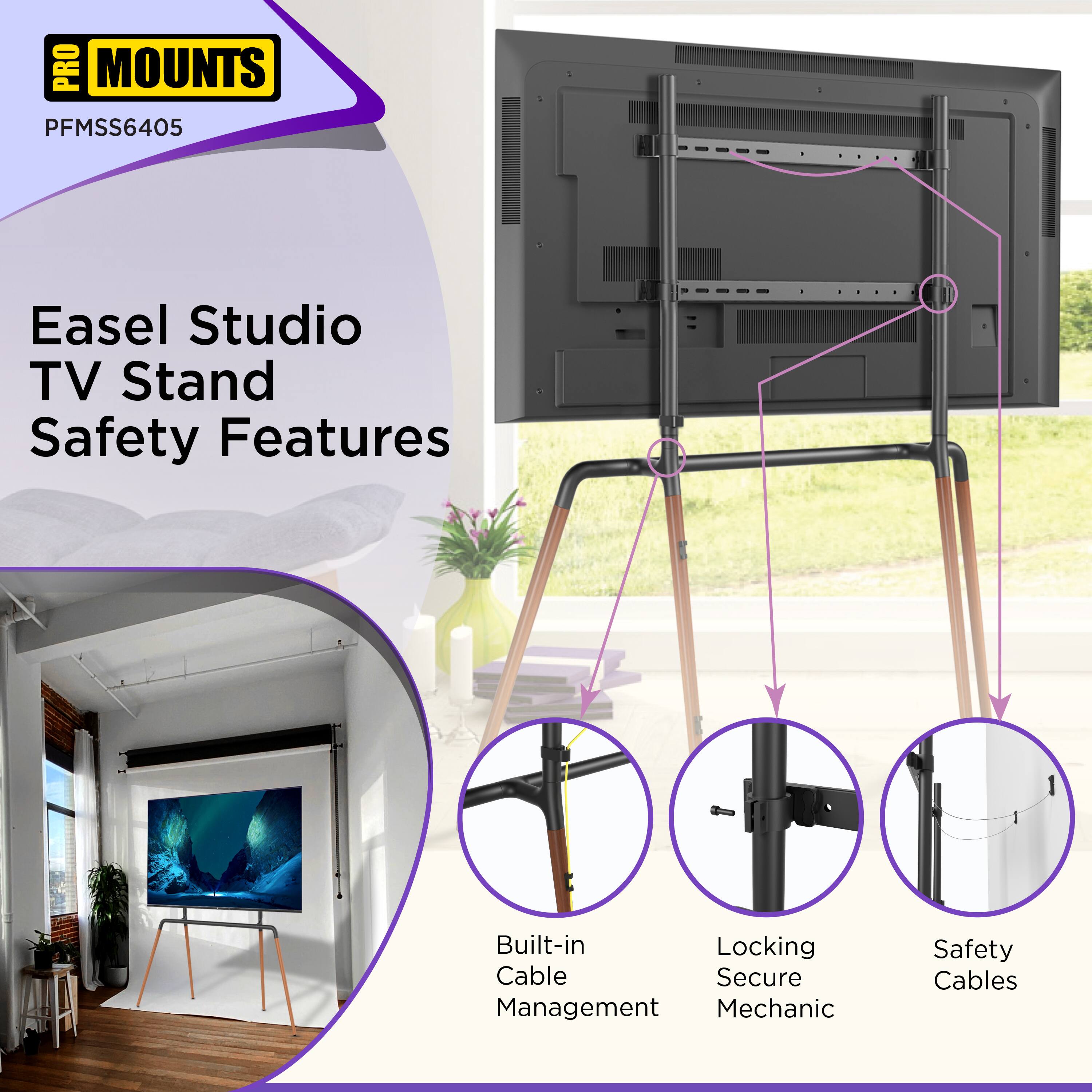PRO MOUNTS  
PFMSS6405  

Easel Studio TV Stand Safety Features  

- Built-in Cable Management  
- Locking Secure Mechanic  
- Safety Cables