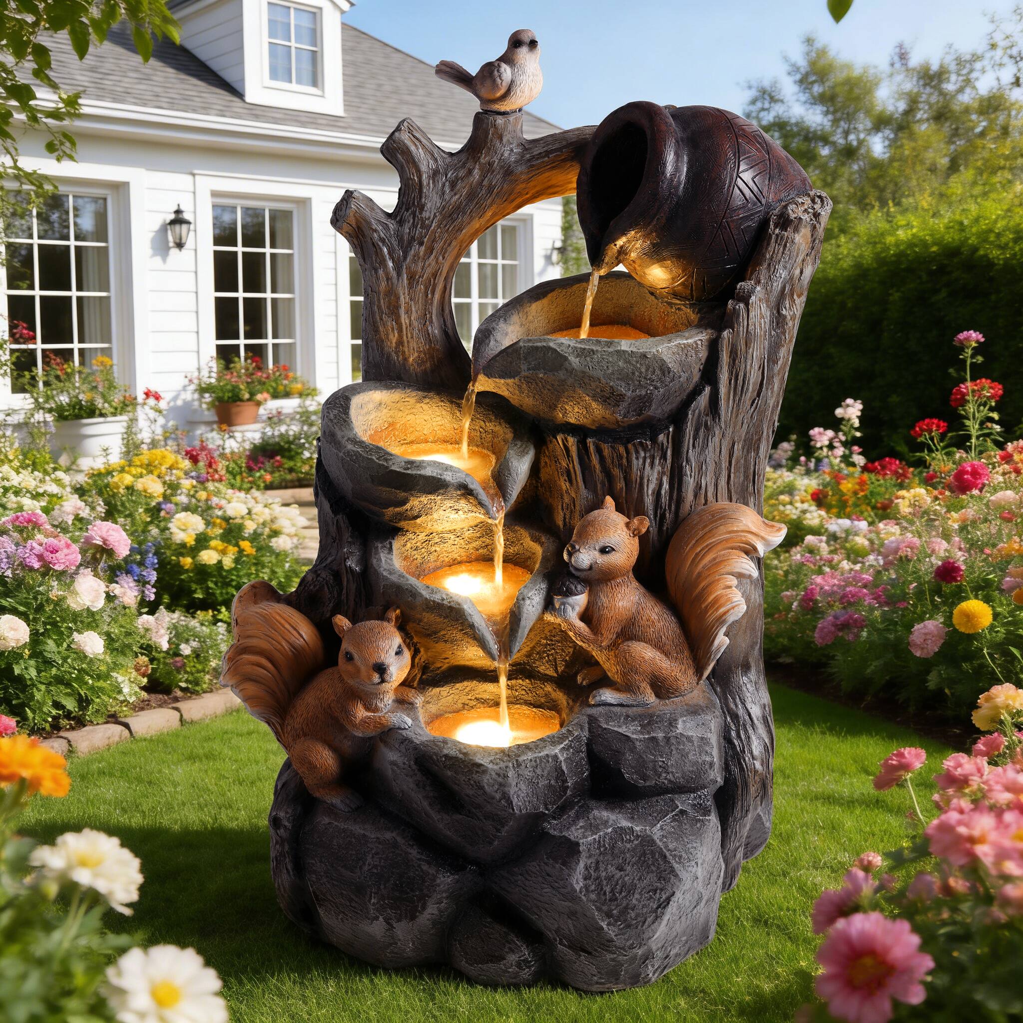 Angle. Anysun - Squirrel Outdoor Water Fountain with Lights – Waterfall Garden Decor, Resin Tree Stump Pouring Jug for Patio, Porch - Gray.