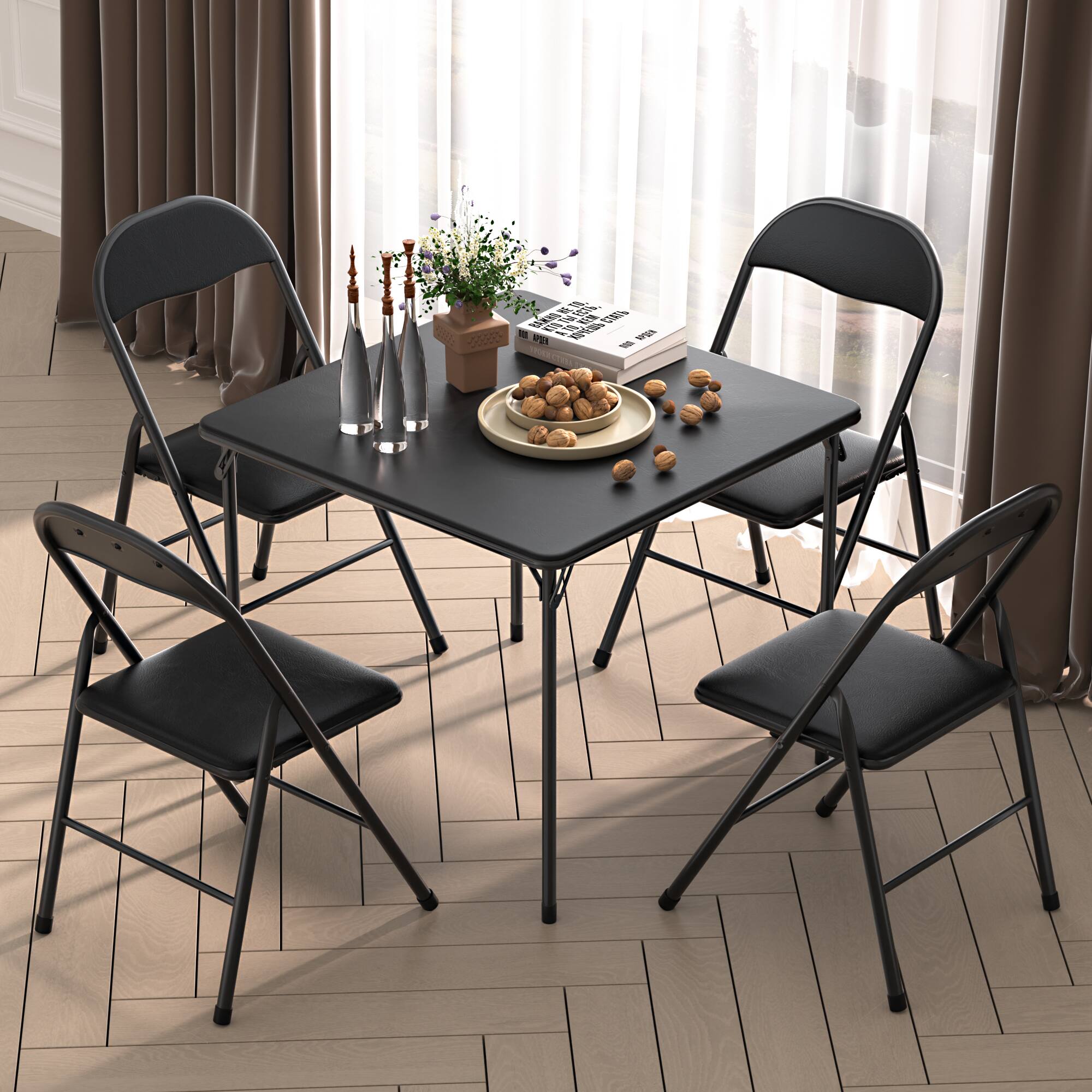 Left. Vecelo - 5-Piece Folding Card Table and Chairs Set, Portable Square Game Table with Padded Vinyl Top and 4 Foldable Chairs - Black.