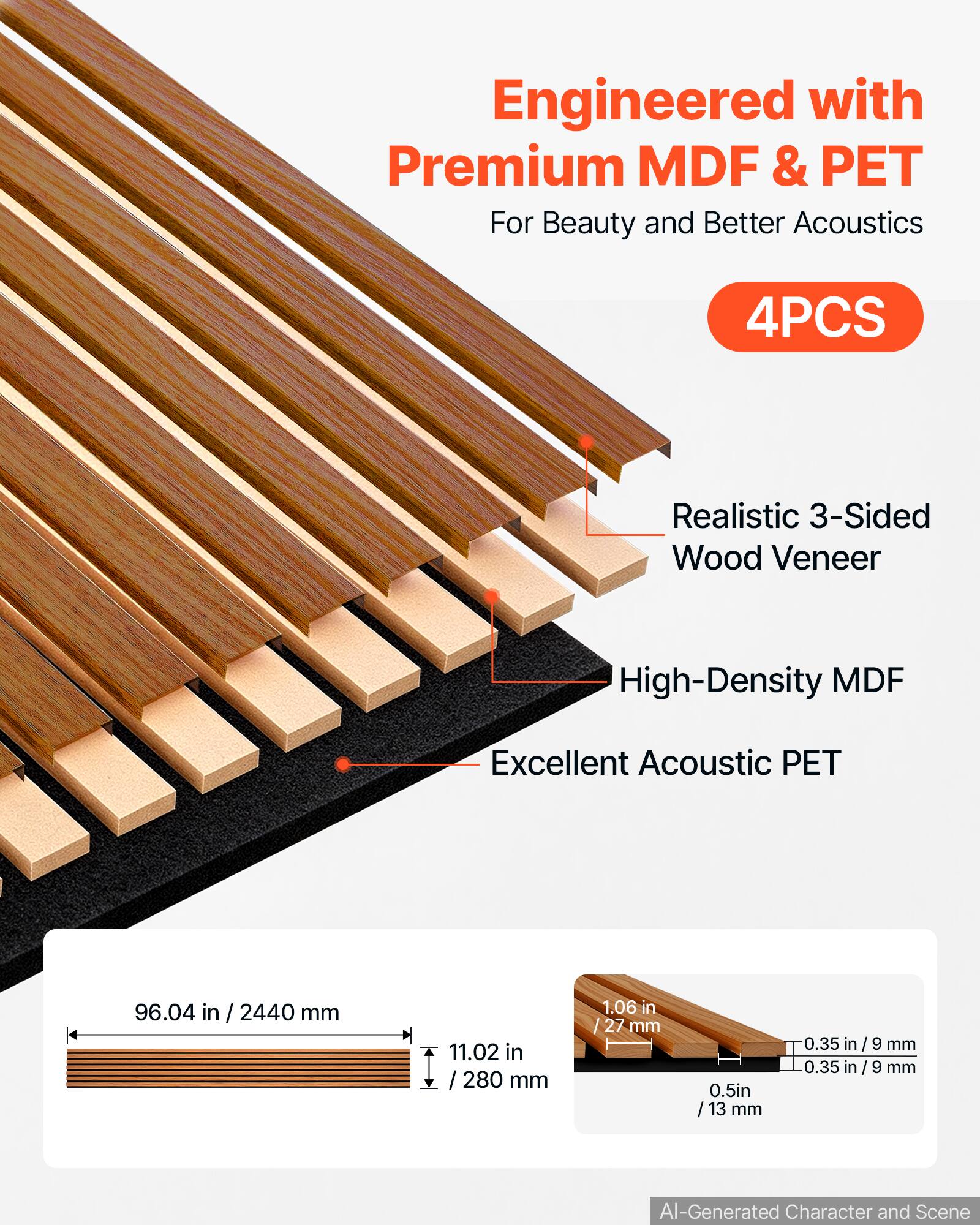 Engineered with Premium MDF & PET For Beauty and Better Acoustics

4PCS

Realistic 3-Sided Wood Veneer

High-Density MDF

Excellent Acoustic PET

96.04 in / 2440 mm

11.02 in / 280 mm

1.06 in / 27 mm

0.5 in / 13 mm

0.35 in / 9 mm

AI-Generated Character and Scene